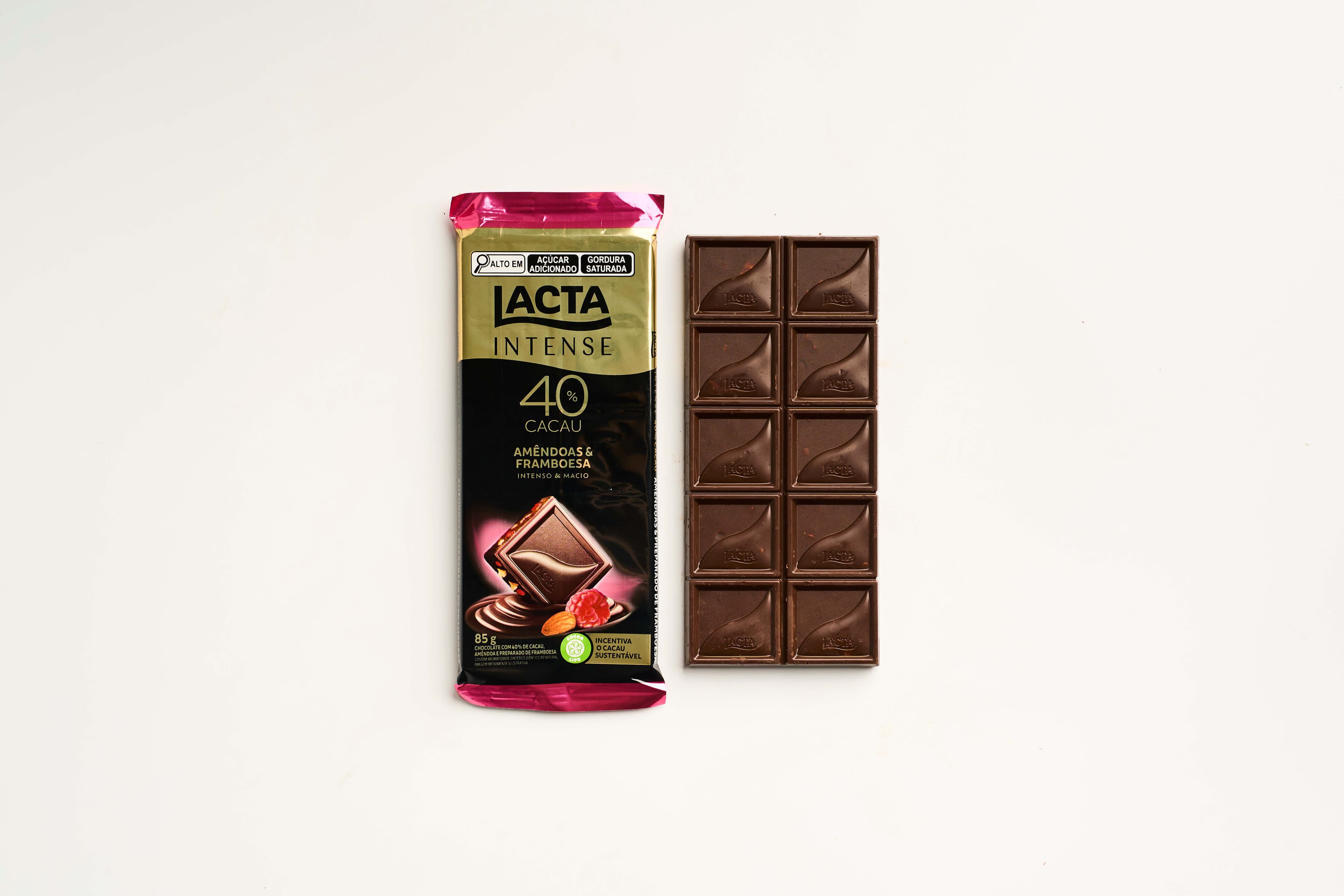 Chocolate 40% cacau Lacta Intense nuts amêndoas & framboesa 85g