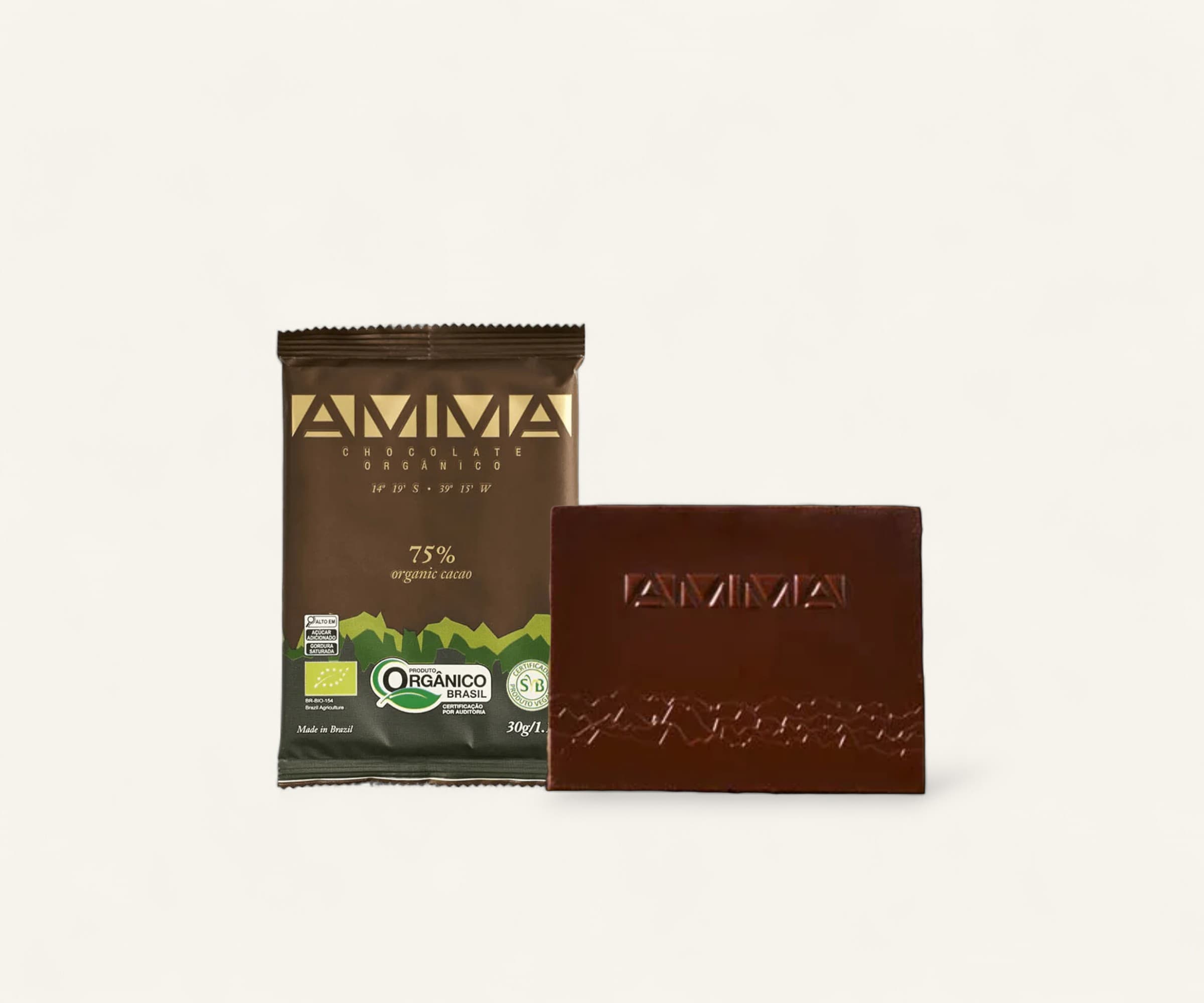 Chocolate orgânico 75% cacau AMMA 30g