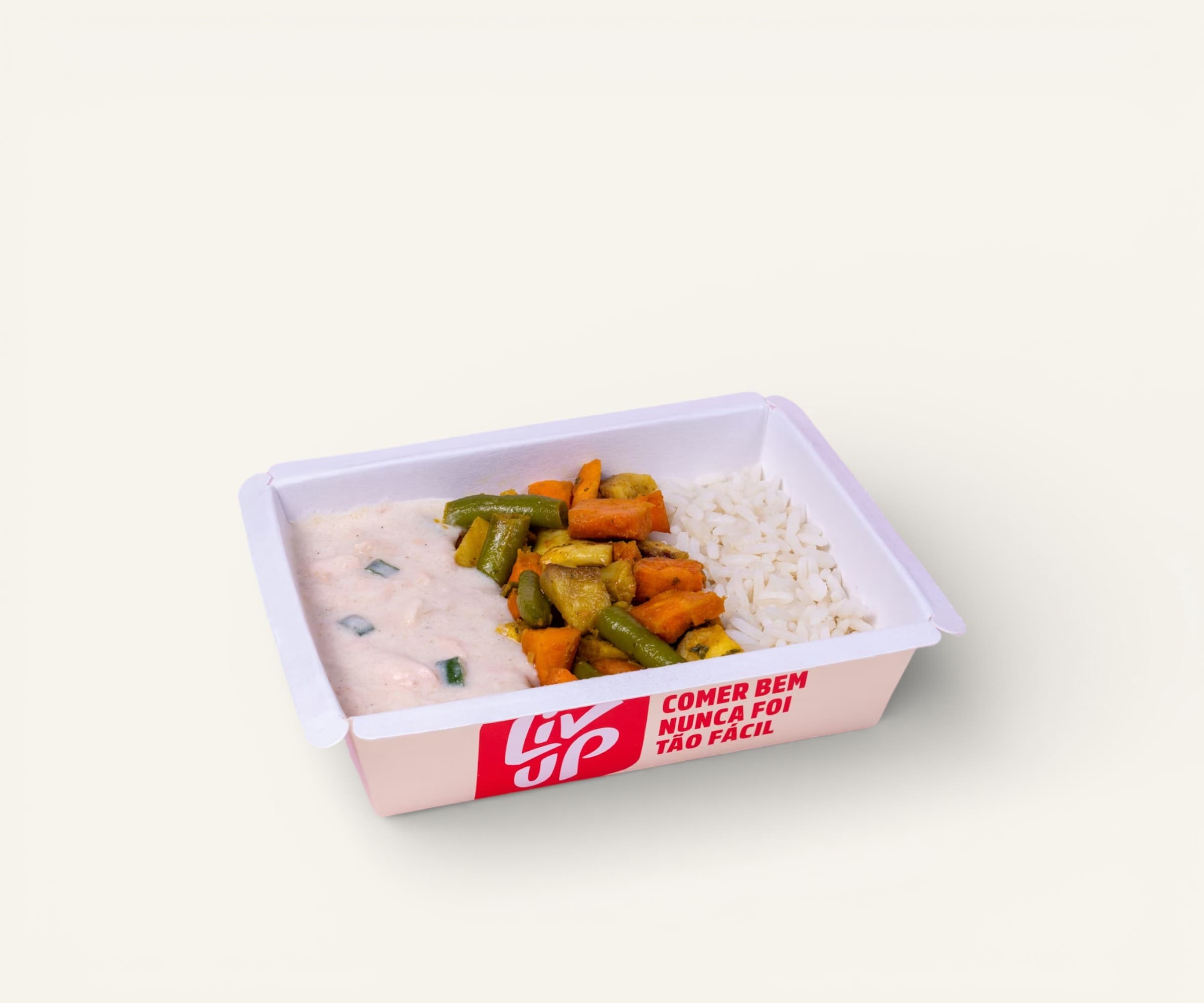 Salmão em lascas com molho branco, arroz branco e legumes assados Liv Up 300g