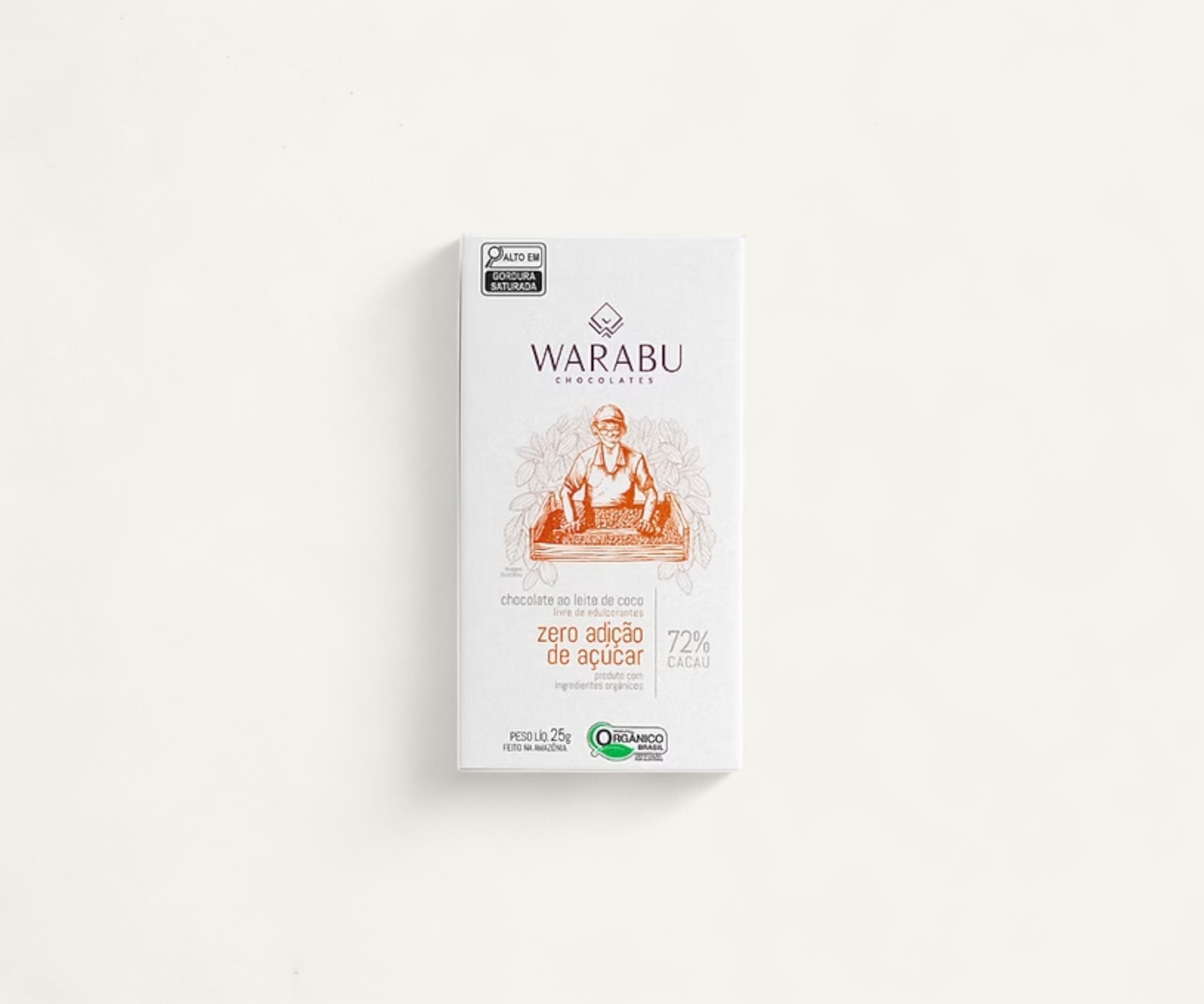 Chocolate orgânico 72% cacau ao leite de coco zero adição de açúcar Warabu 25g