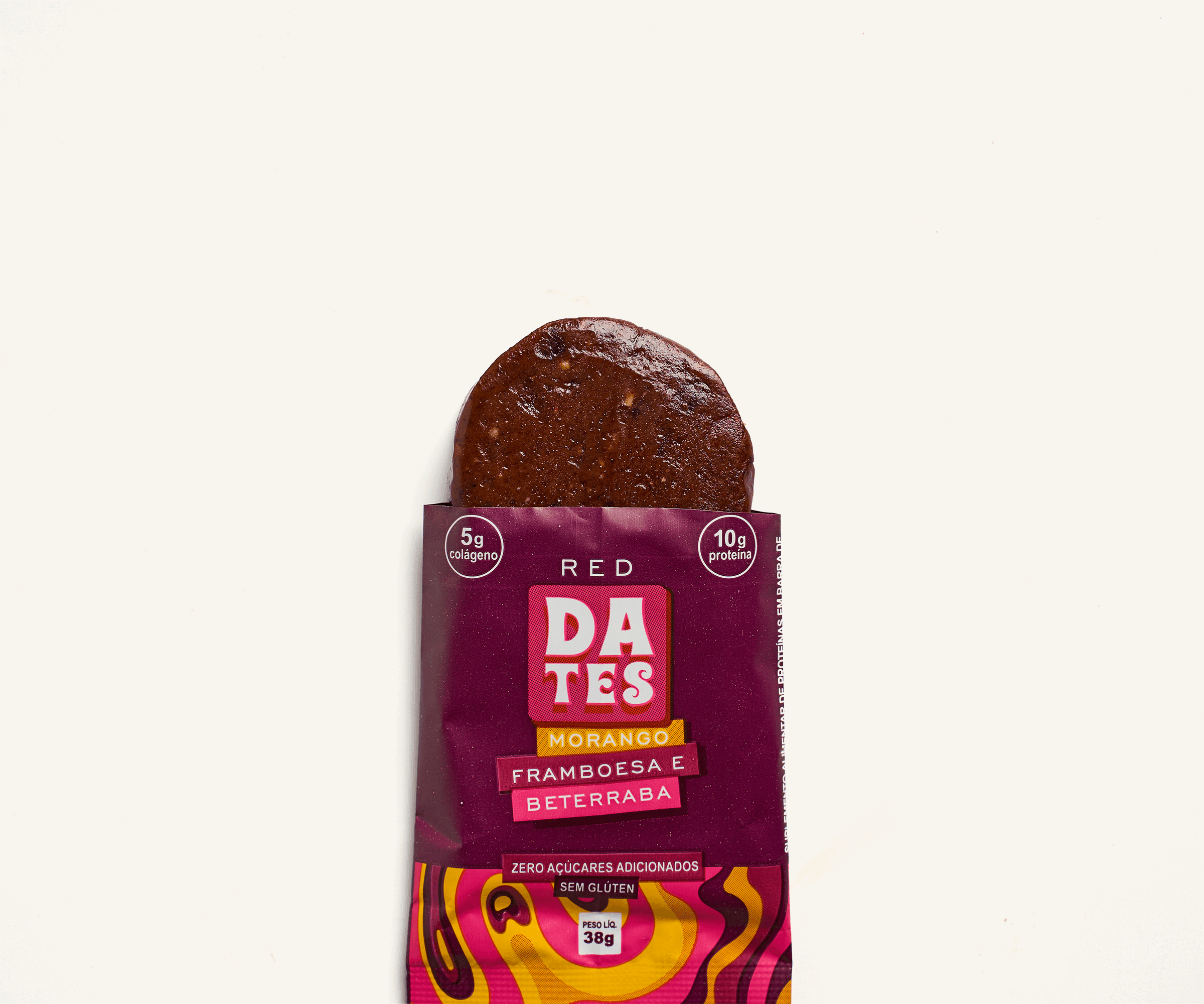 Barra de tâmara proteica e colágeno com morango, framboesa e beterraba 38g