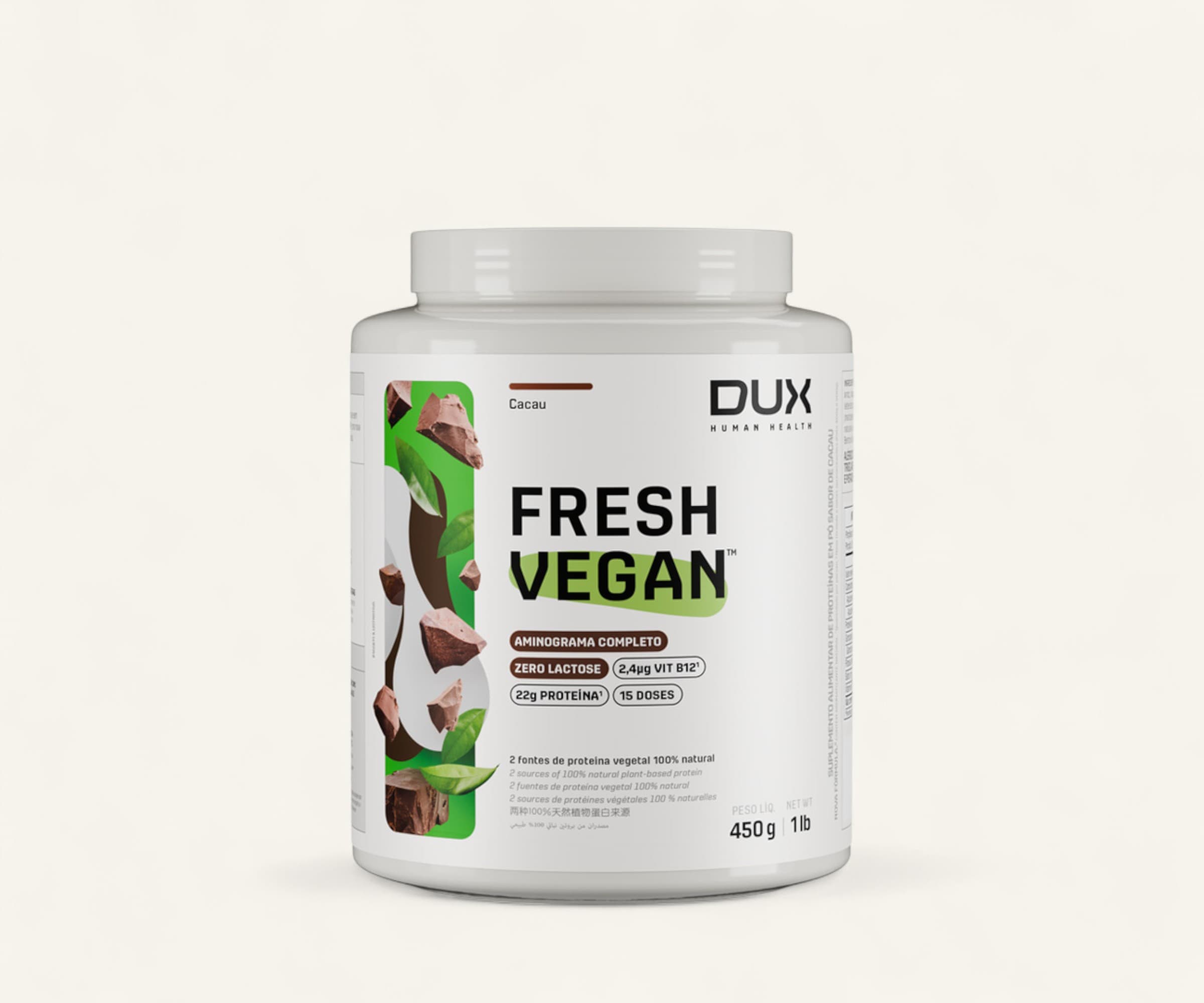 Suplemento Fresh Vegan 22g de proteína Dux sabor cacau 450g