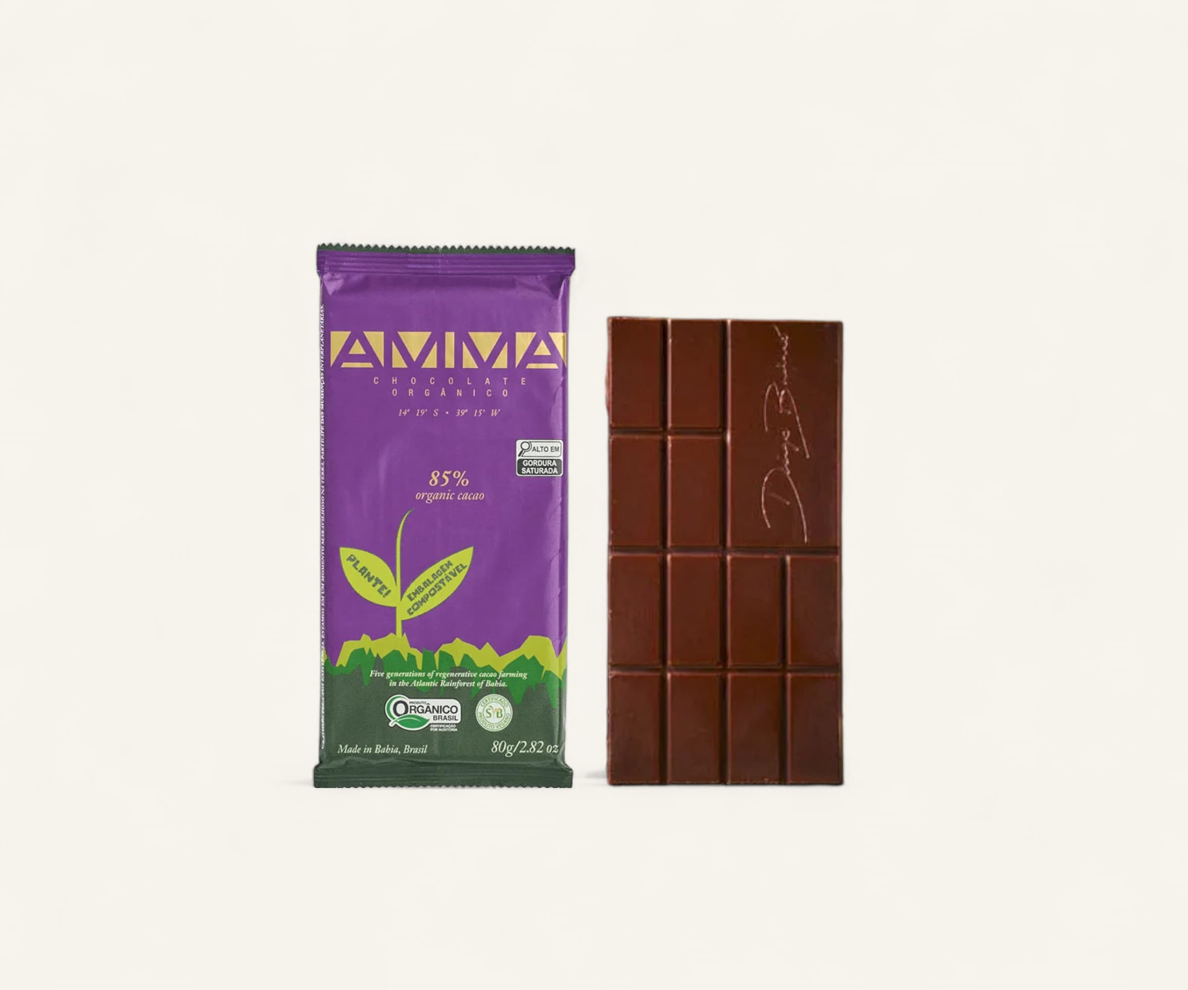 Chocolate orgânico 85% cacau AMMA 80g