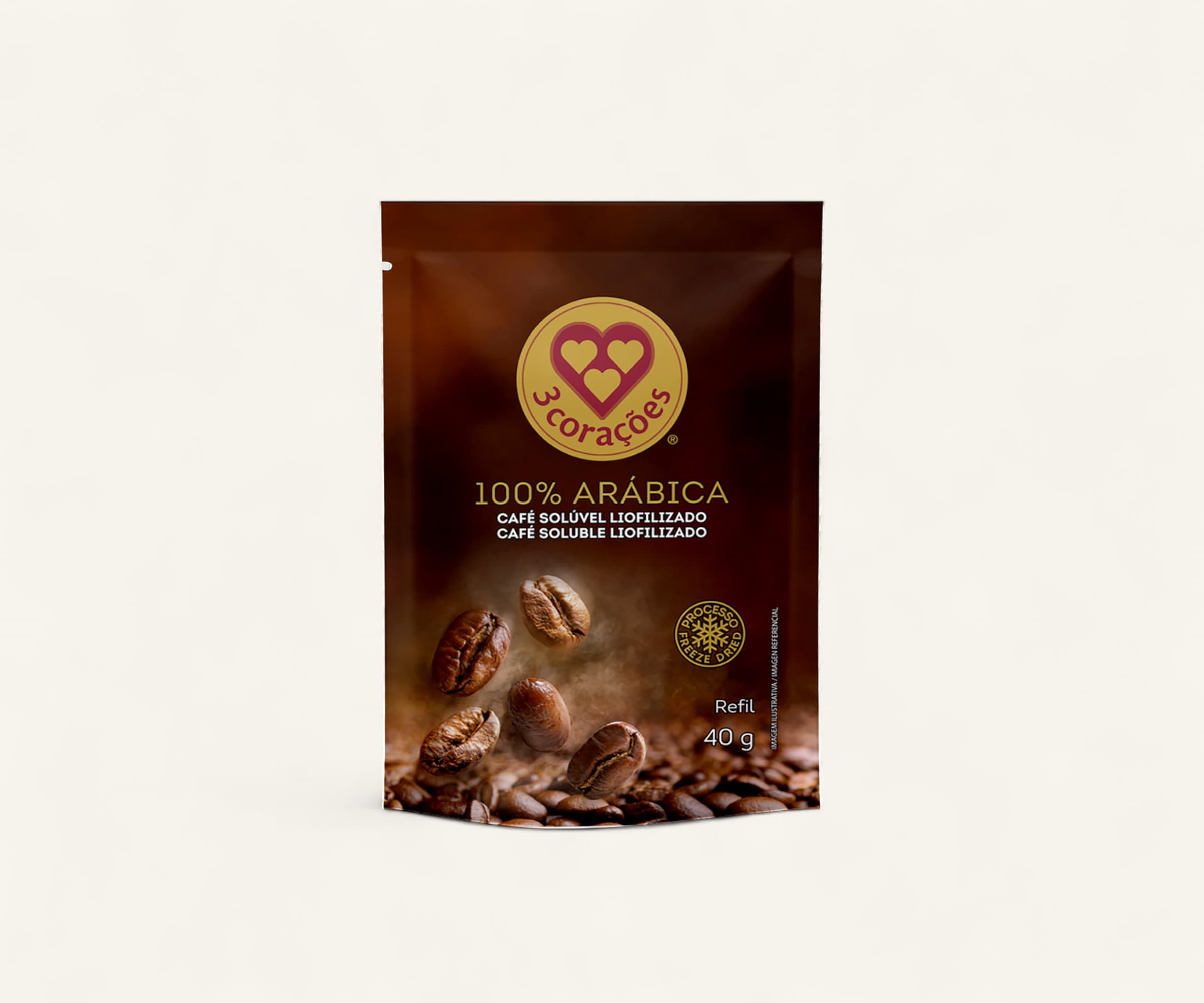 Café solúvel liofilizado 100% arábica 3 Corações refil 40g