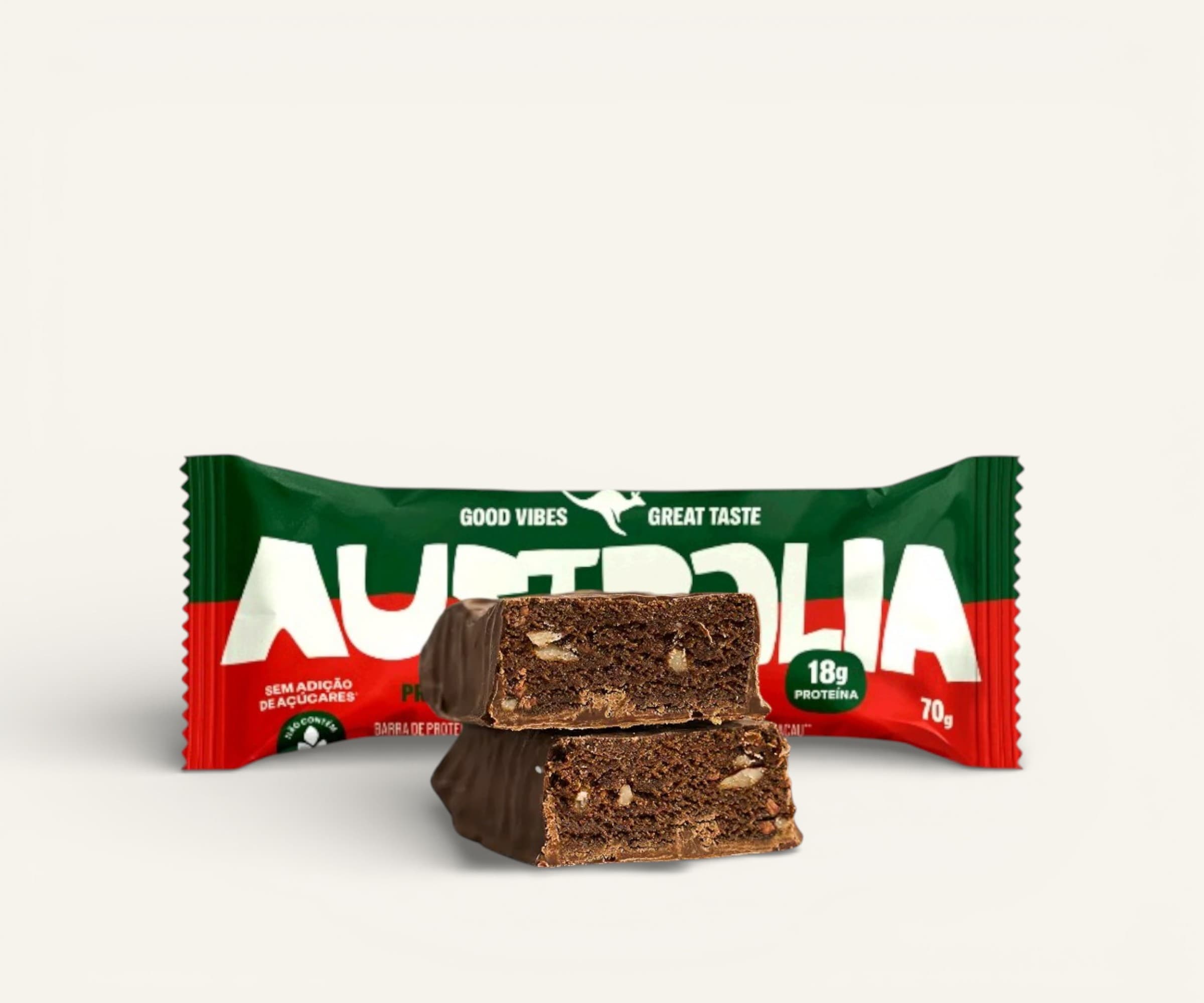 Barra de proteína vegana Australia chocolate nibs sem açúcar 18g proteína 70g