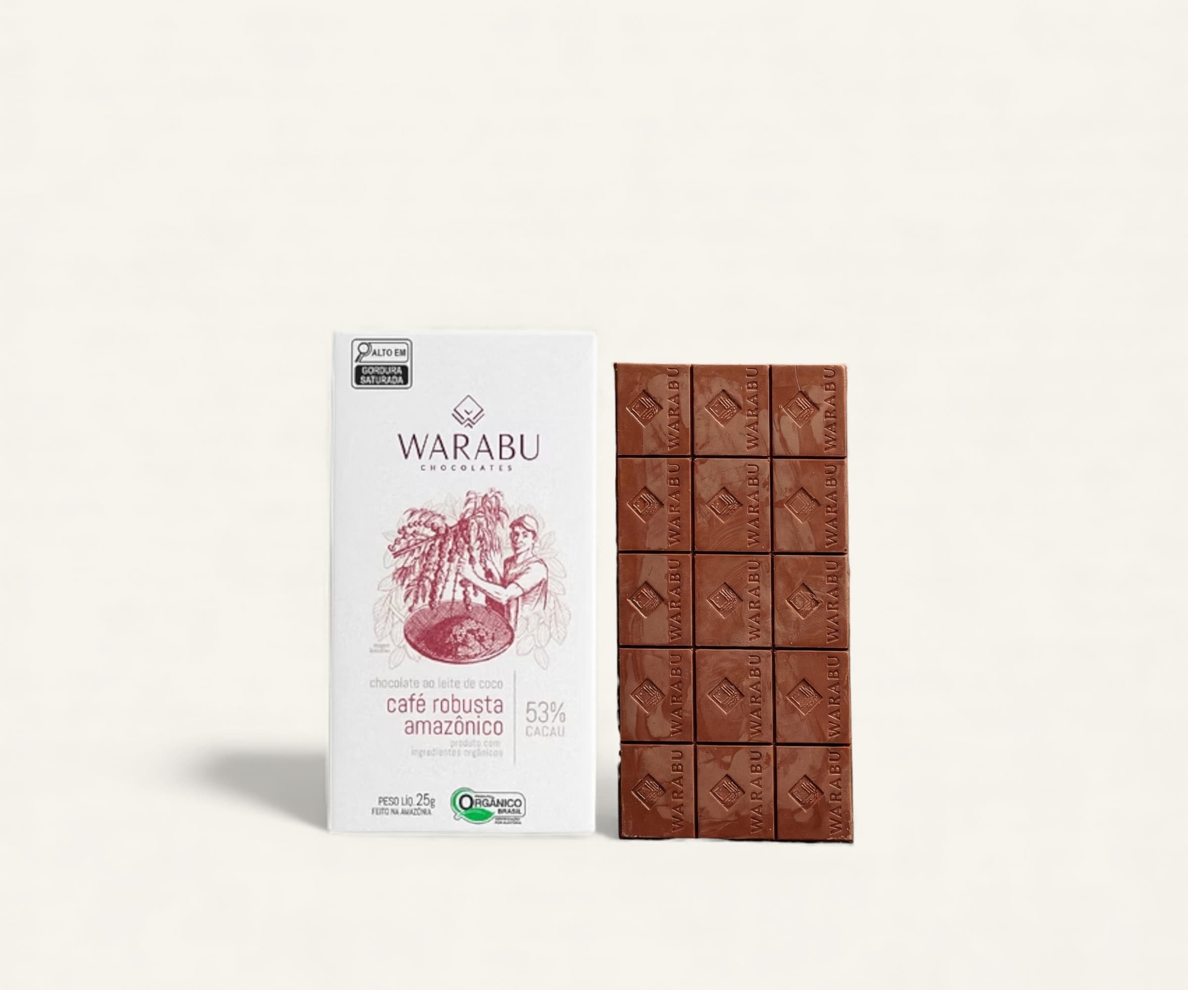 Chocolate orgânico 53% cacau ao leite de coco café robusta amazônico Warabu 25g