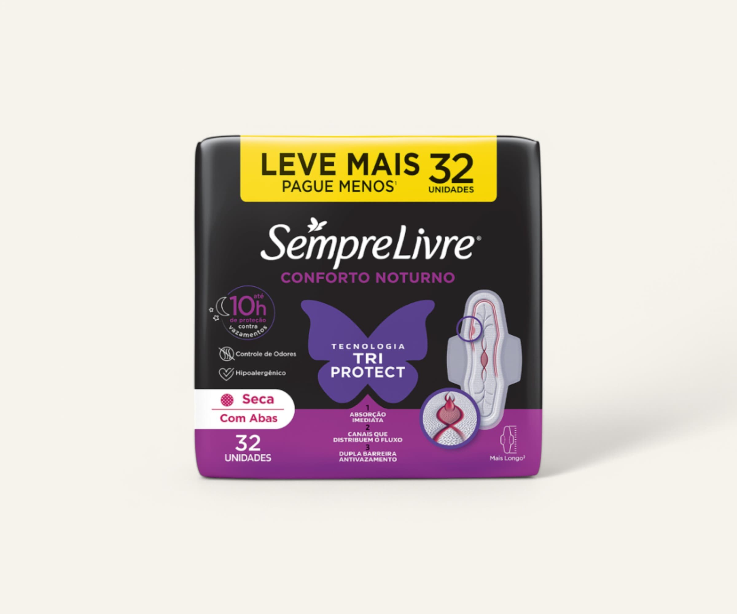 Absorvente com abas conforto noturno Tri Protect cobertura seca Sempre Livre 32un