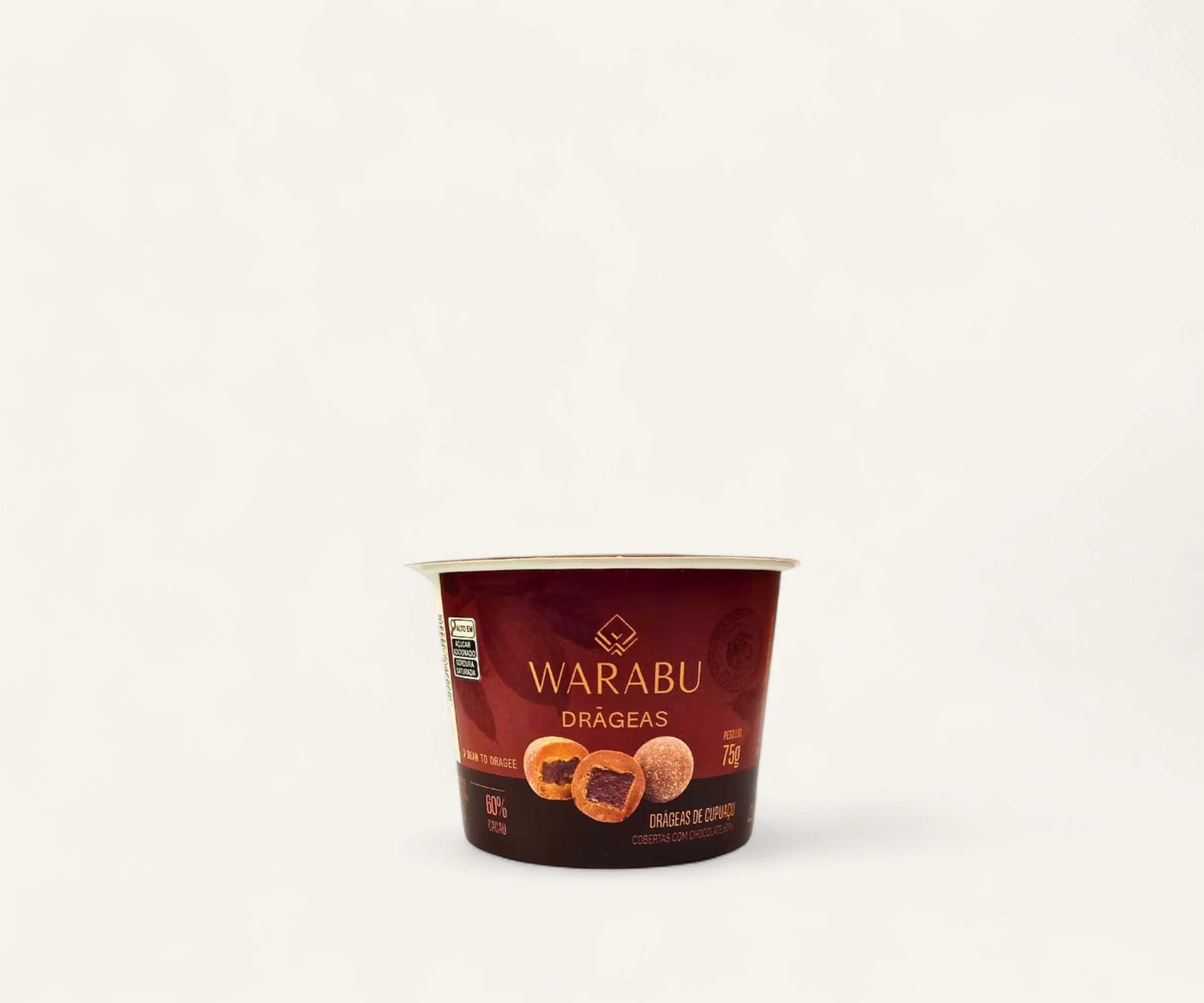Drágeas de cupuaçu cobertas com chocolate 60% cacau Warabu 75g