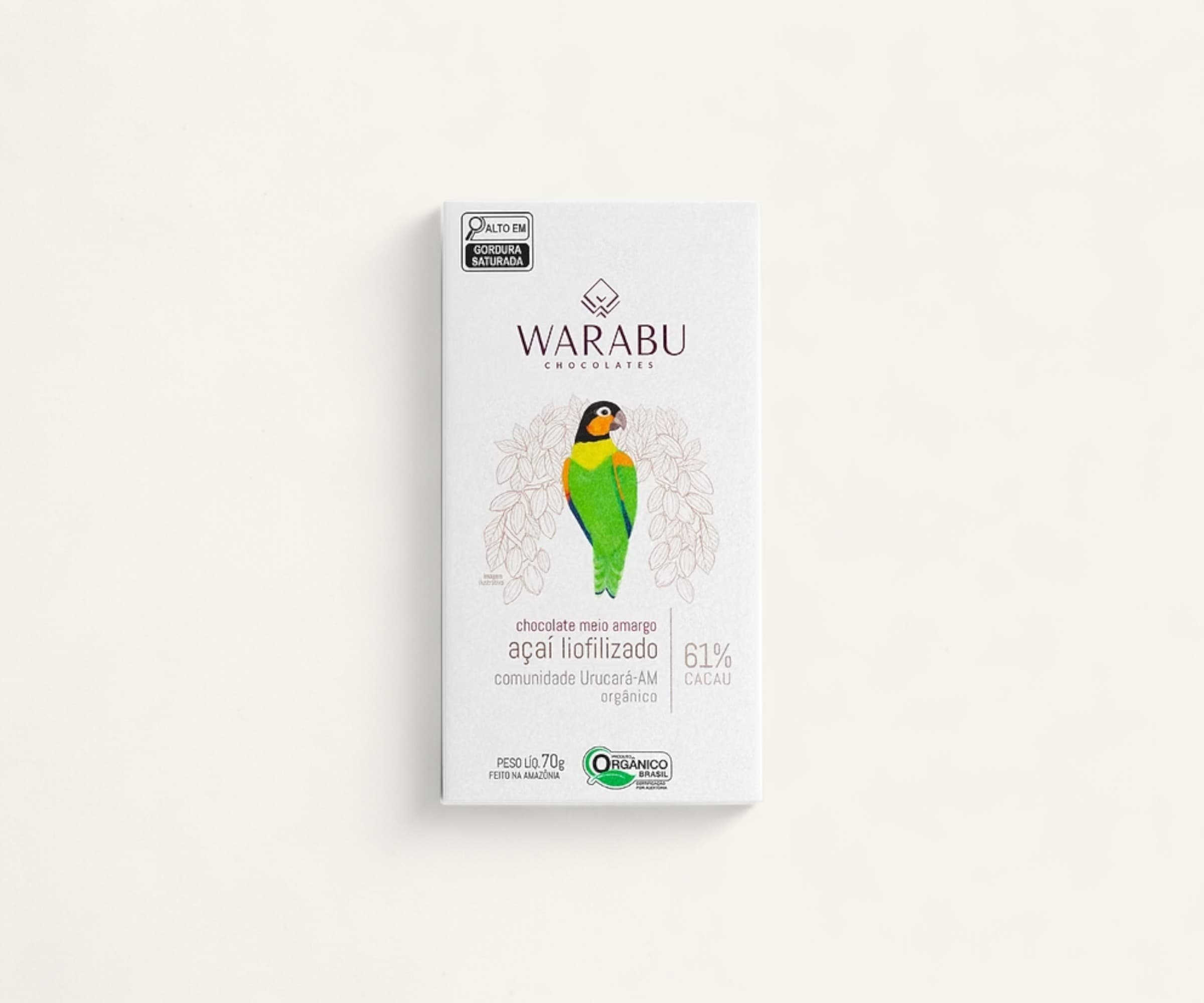 Chocolate orgânico 61% cacau açaí liofilizado comunidade Urucará-AM Warabu 70g