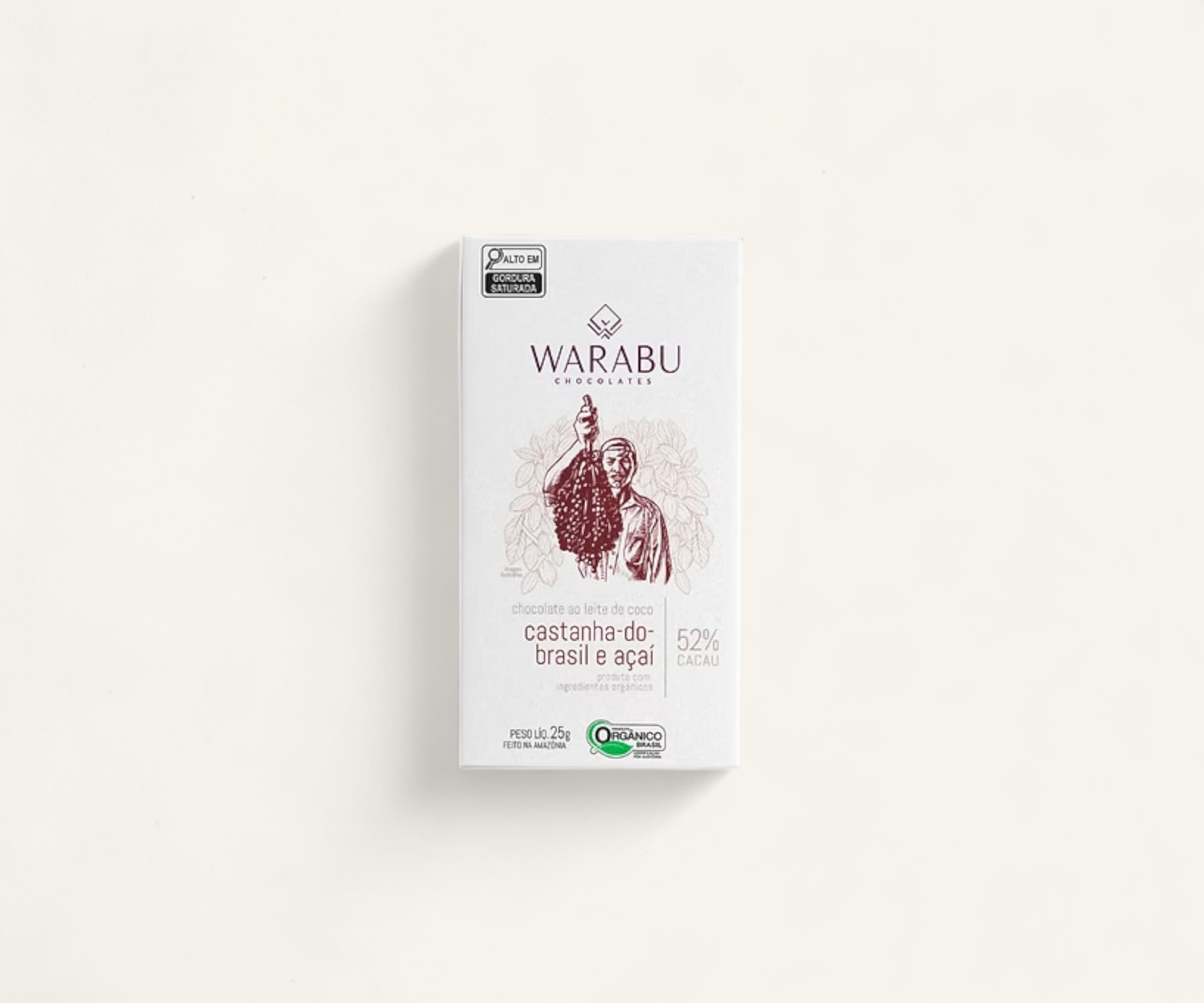 Chocolate orgânico 52% cacau ao leite de coco castanha do Brasil e açaí Warabu 25g