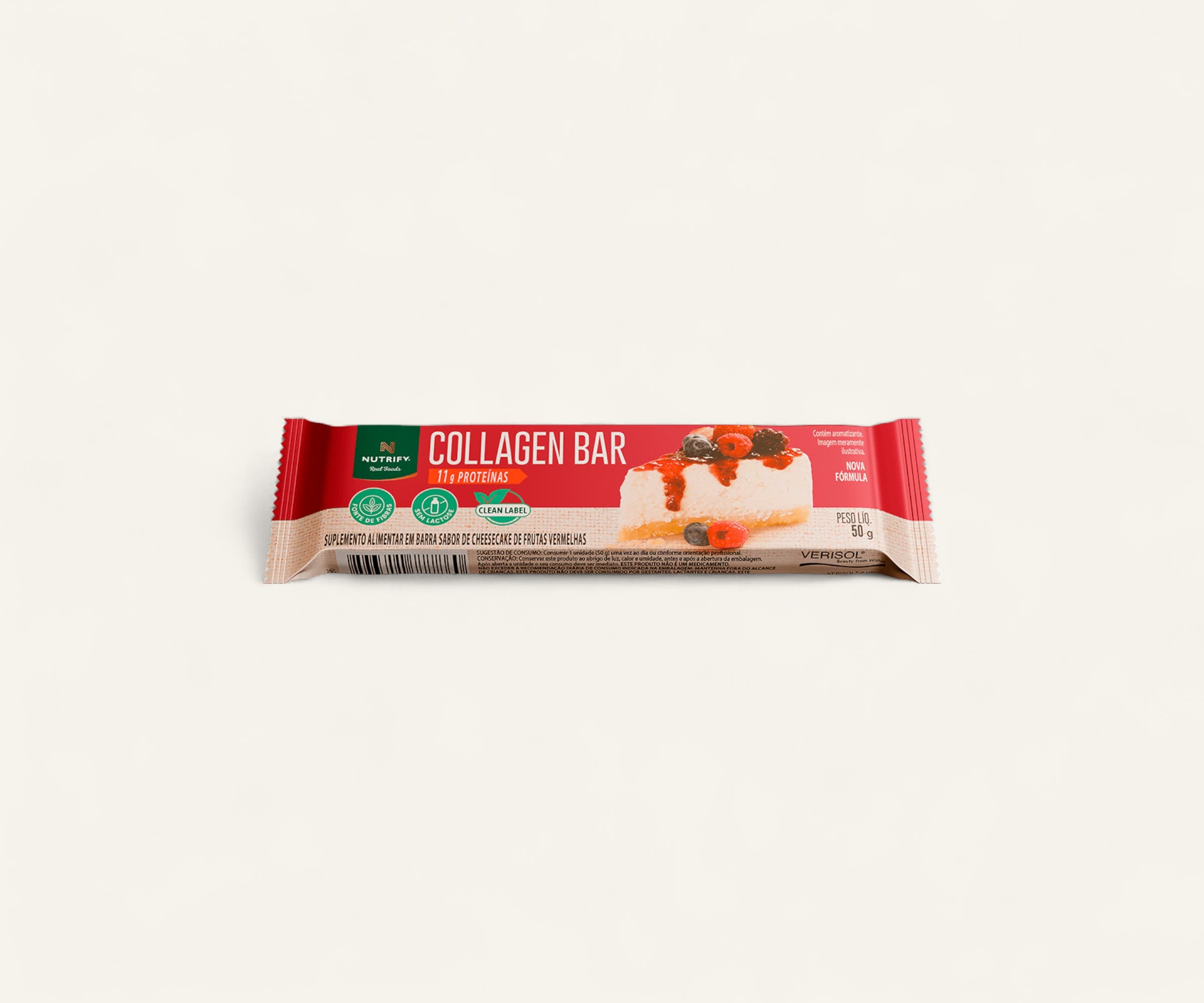 Barra de colágeno com 11g de proteína Collagen bar sabor cheesecake de frutas vermelhas 50g