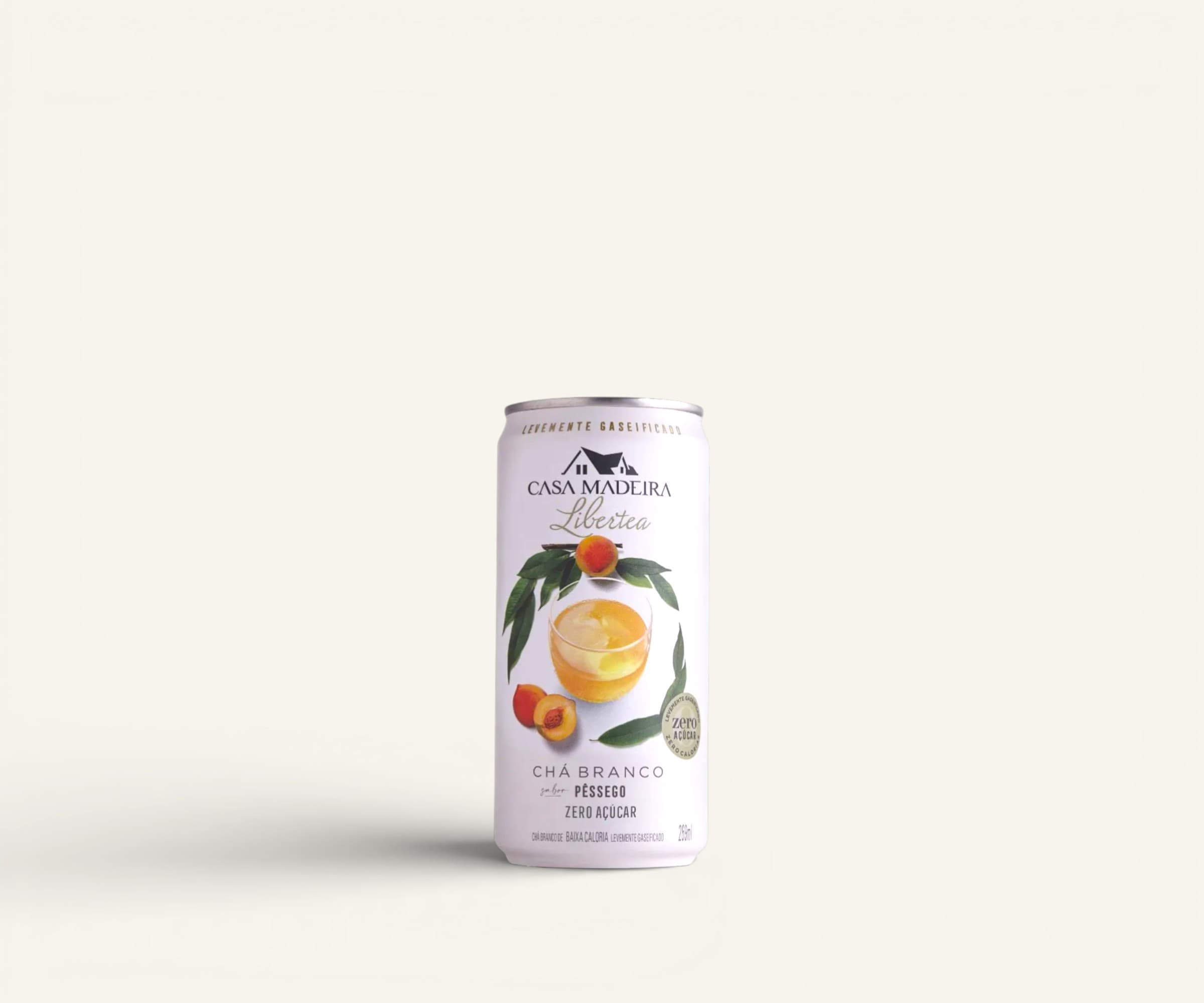 Chá branco Libertea sabor pêssego zero açúcar Casa Madeira lata 269ml
