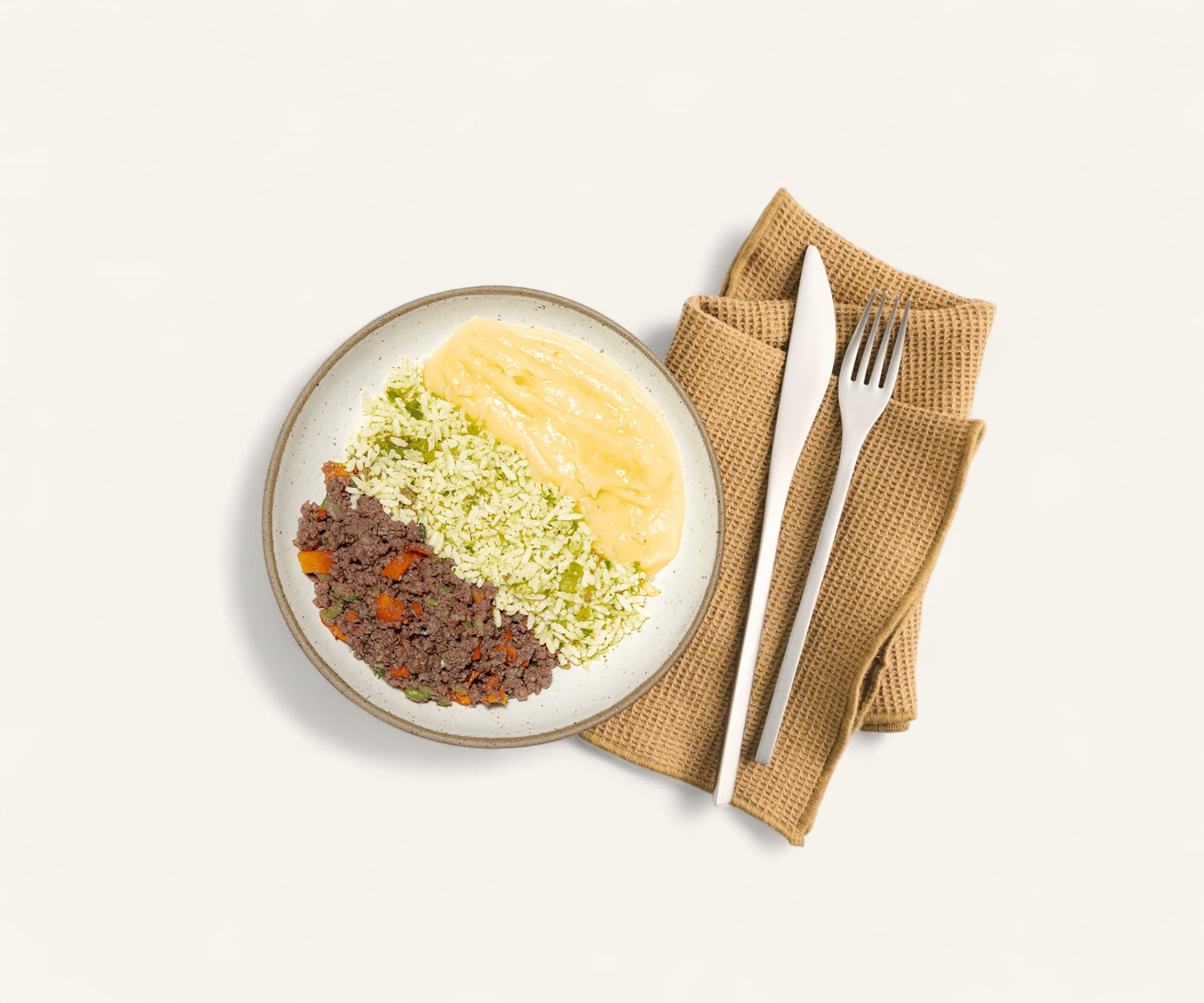 Carne moída com purê de batata e arroz com brócolis 380g