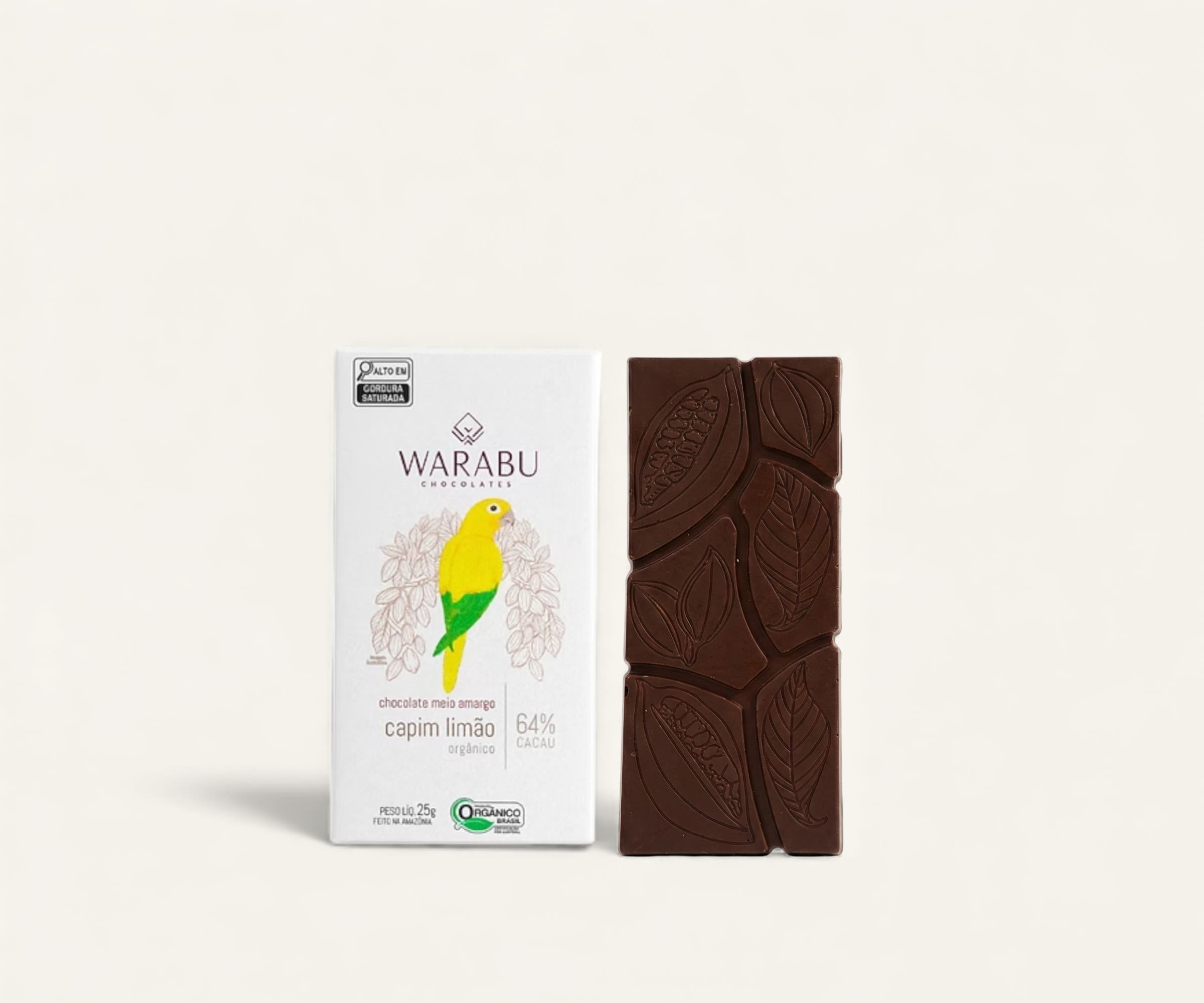 Chocolate orgânico 64% cacau capim limão Warabu 25g