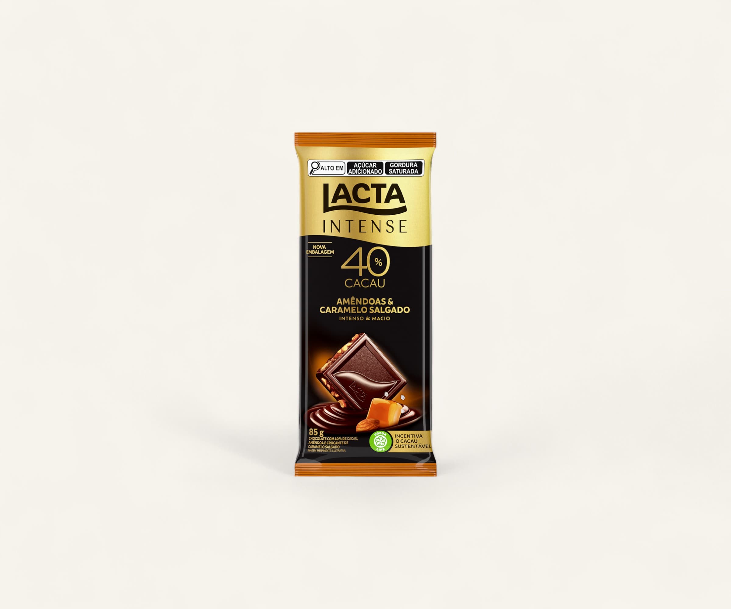 Chocolate 40% cacau Lacta Intense nuts amêndoas & caramelo salgado 85g