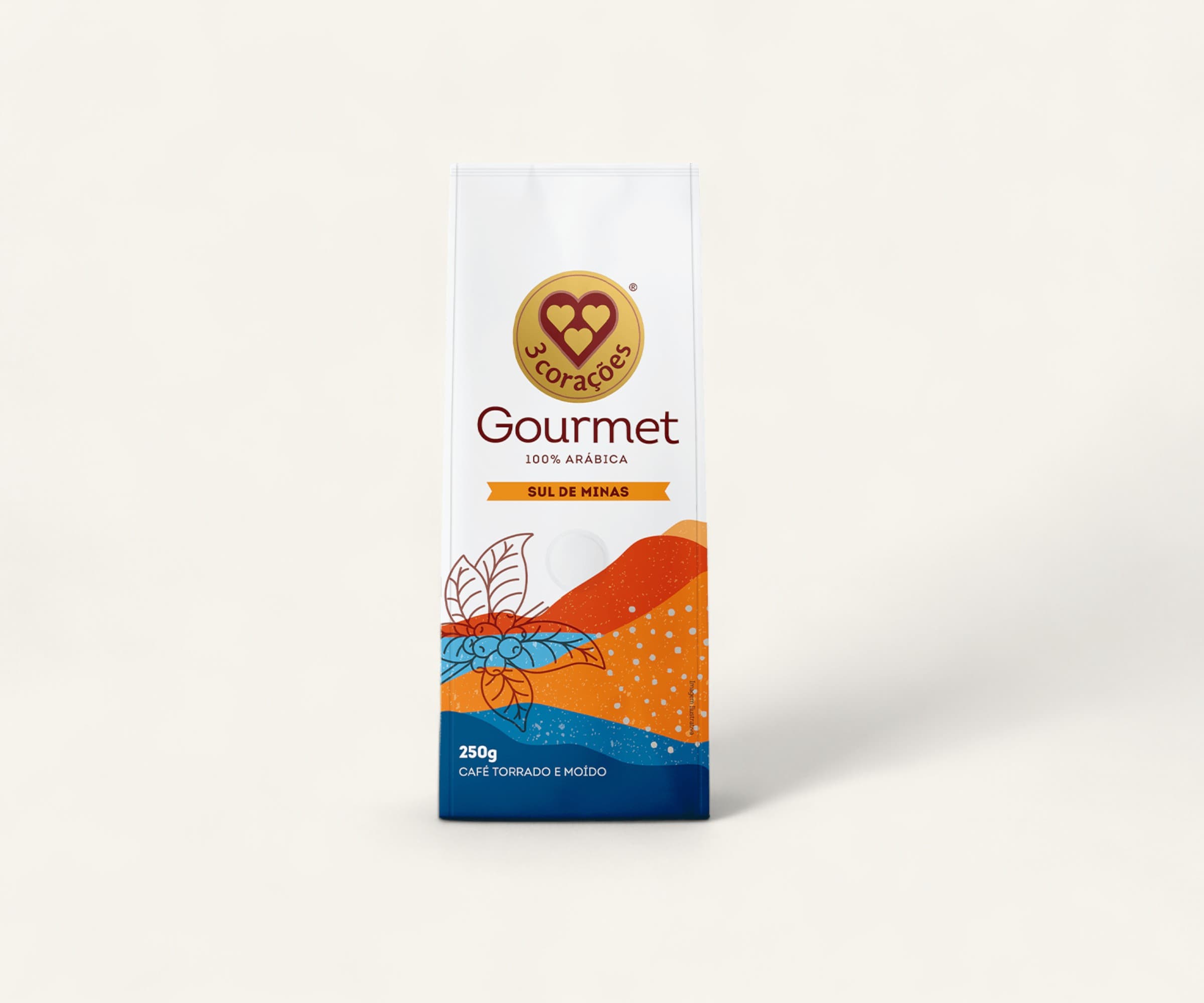 Café torrado e moído sul de minas gourmet pacote 3 corações 250g