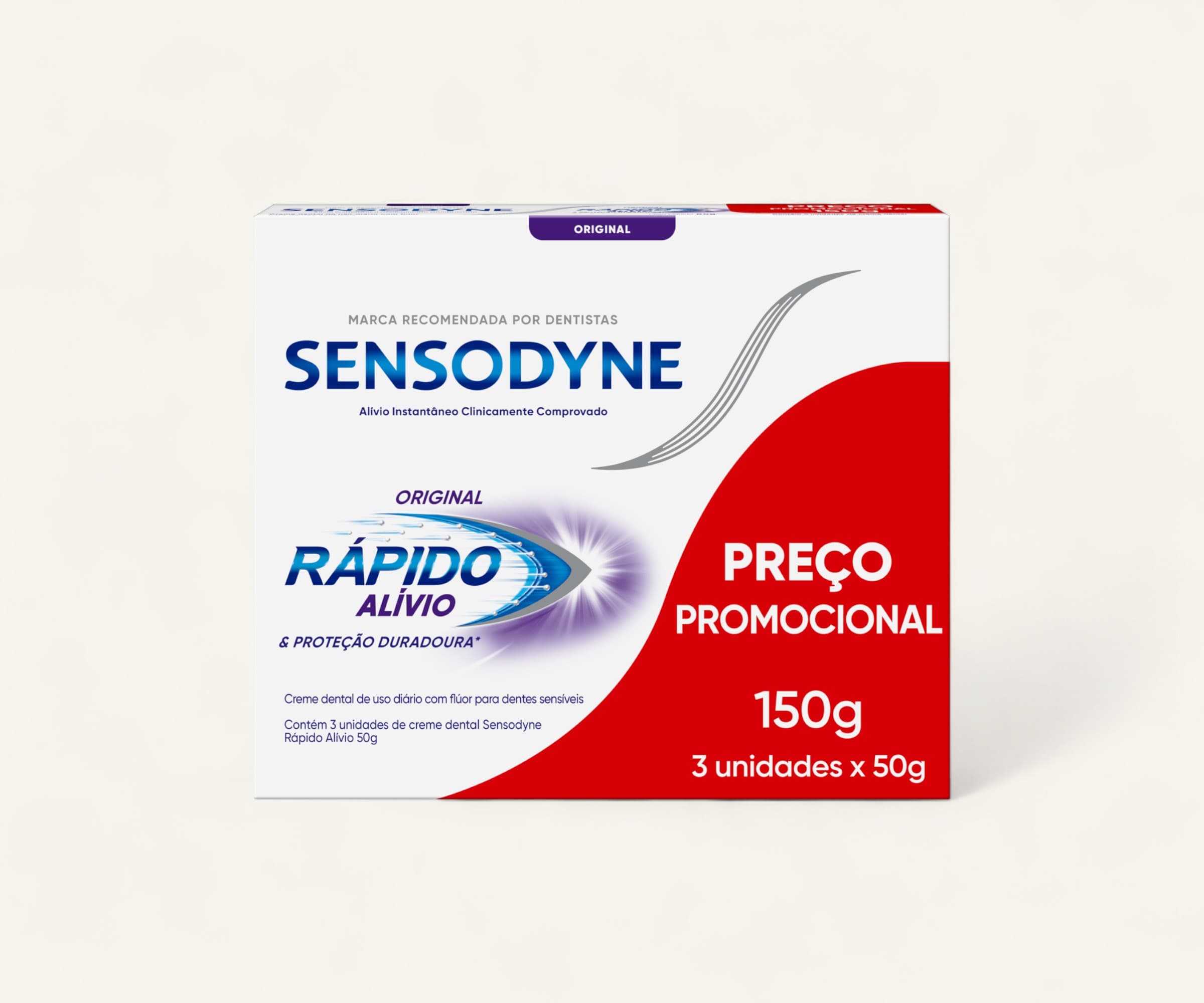Creme dental Rápido Alívio original Sensodyne pack 3x50g