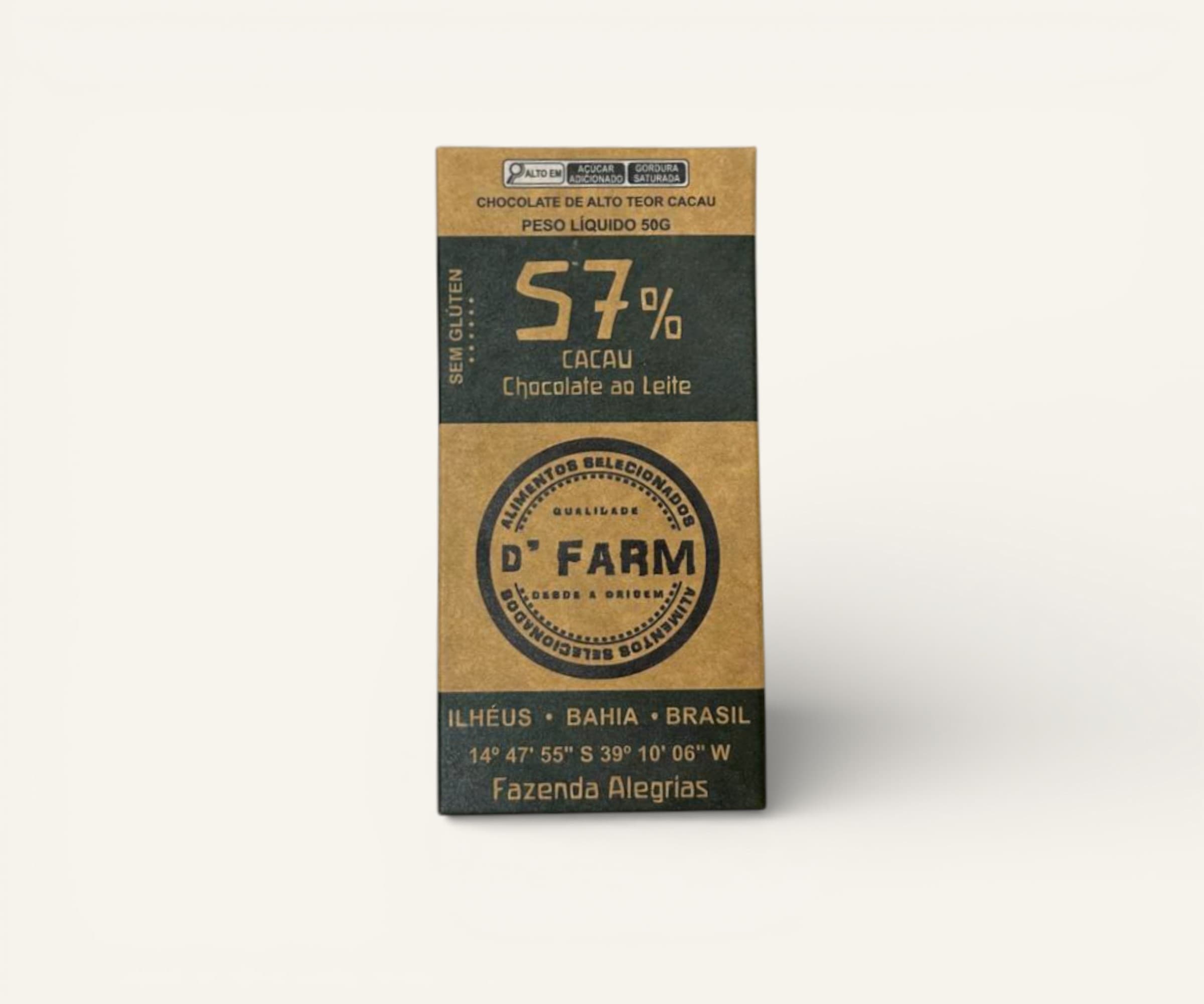 Chocolate ao leite 57% cacau D'Farm 50g