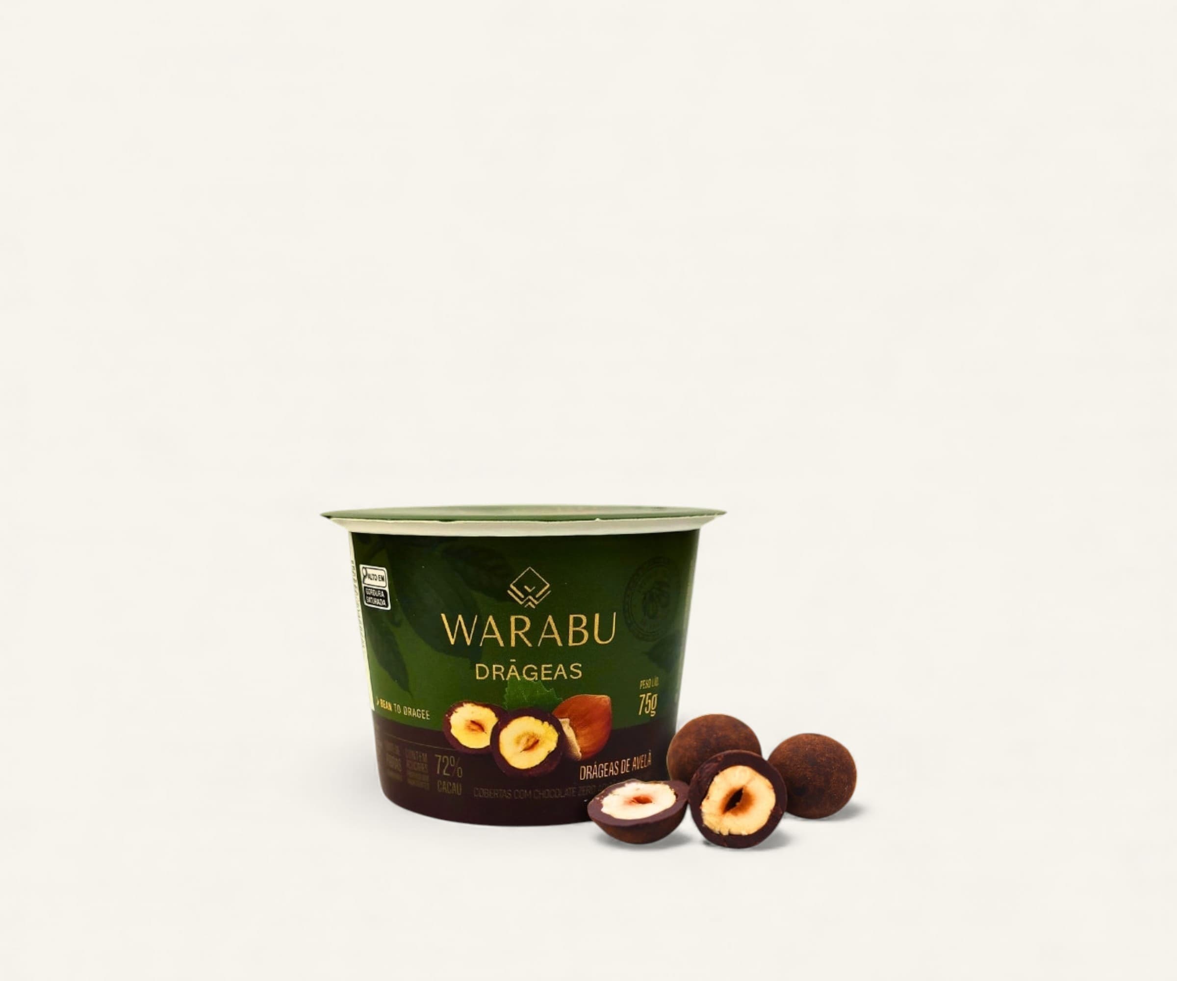 Drágeas de avelã coberta com chocolate 72% cacau sem adição de açúcares Warabu 75g