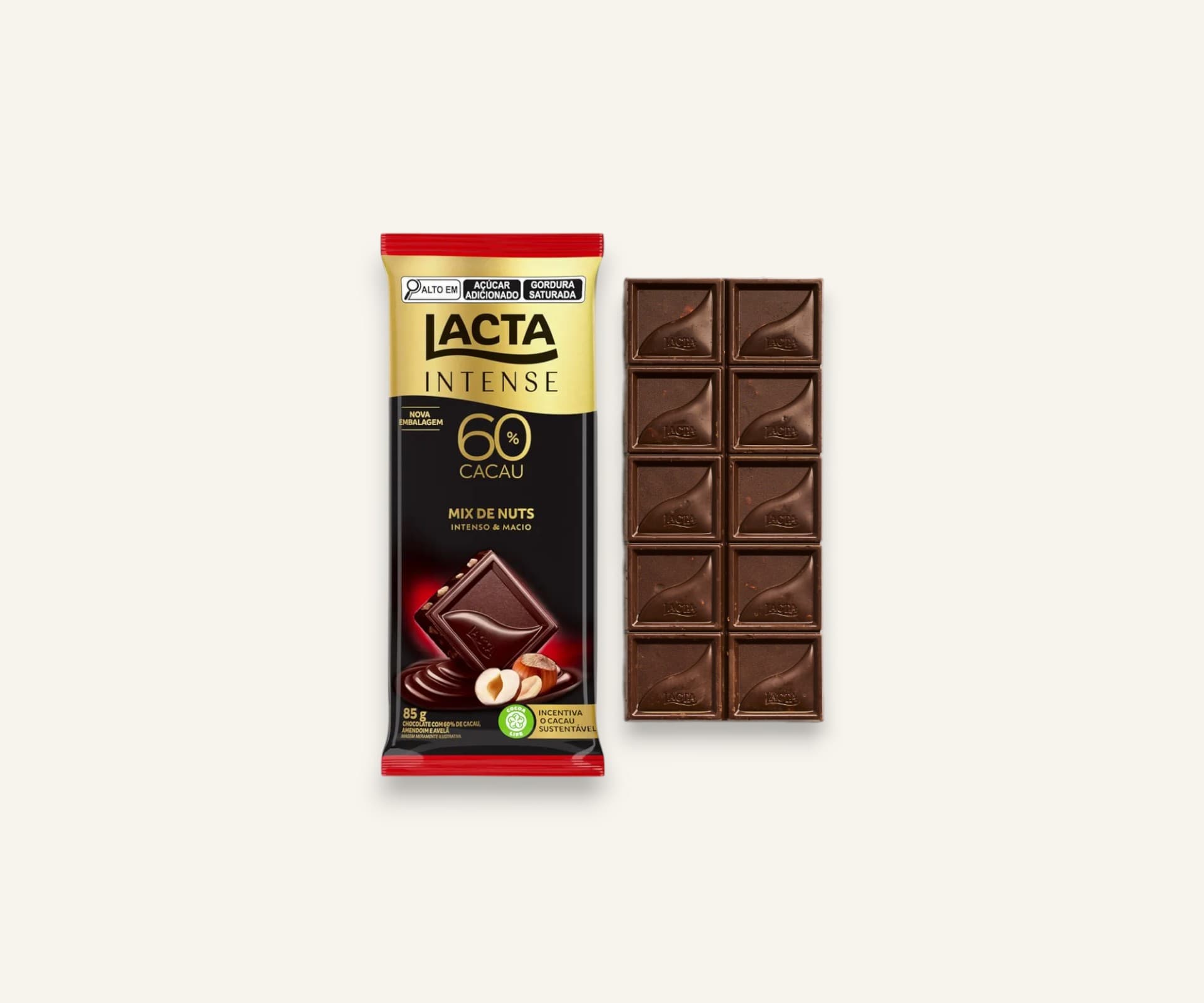 Chocolate 60% cacau Lacta Intense cacau & mix de nuts 85g