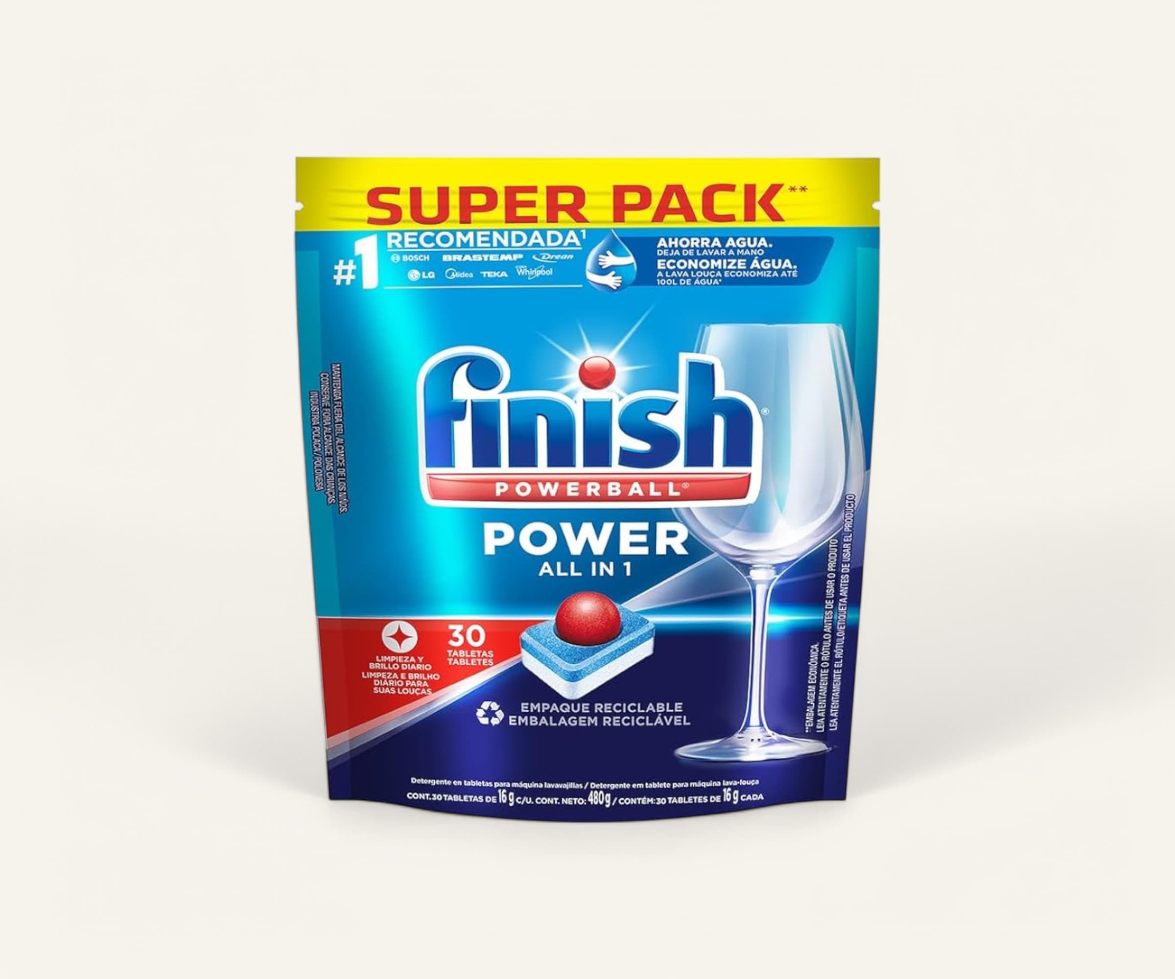 Detergente em tablete para máquinas de lavar louça power all in 1 Finish 480g