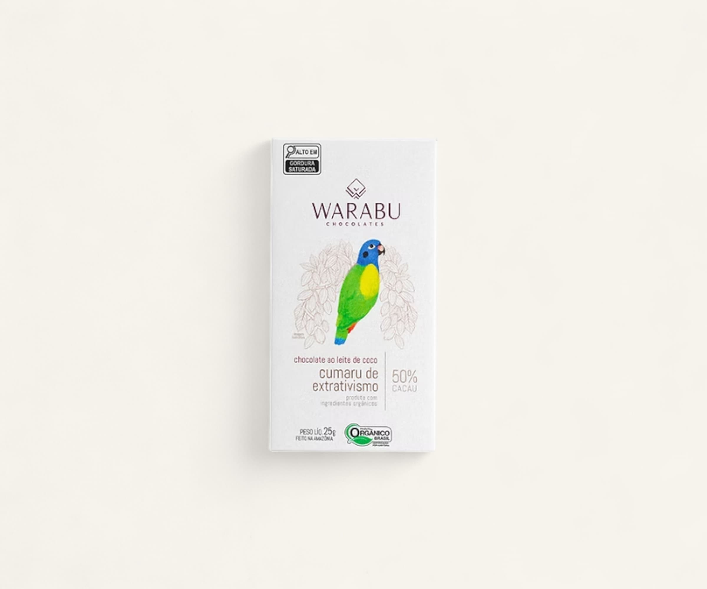 Chocolate orgânico 50% cacau ao leite de coco camaru de extrativismo Warabu 25g