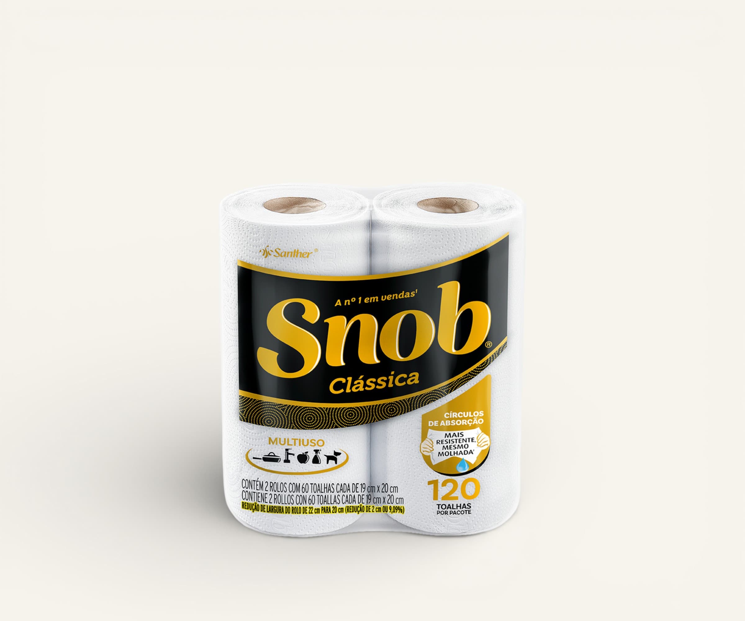 Papel toalha folha dupla Snob Clássica 2 rolos (60 toalhas cada)
