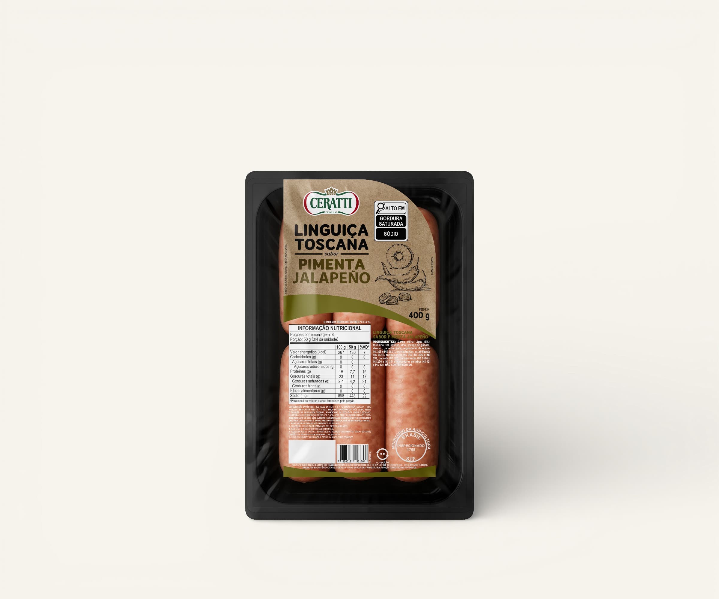 Linguiça toscana Ceratti sabor pimenta jalapeño 400g