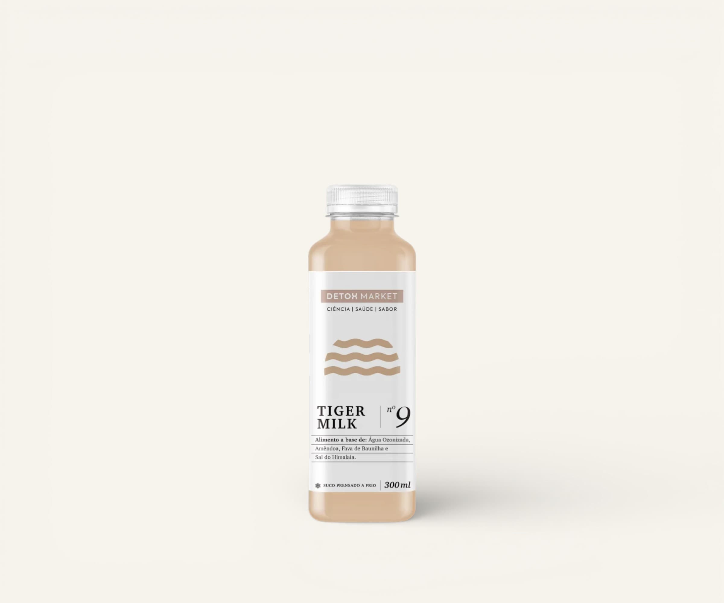 Suco tiger milk nº9 água zonizada, amêndoa, fava de baunilha e sal do Himalaia 300ml