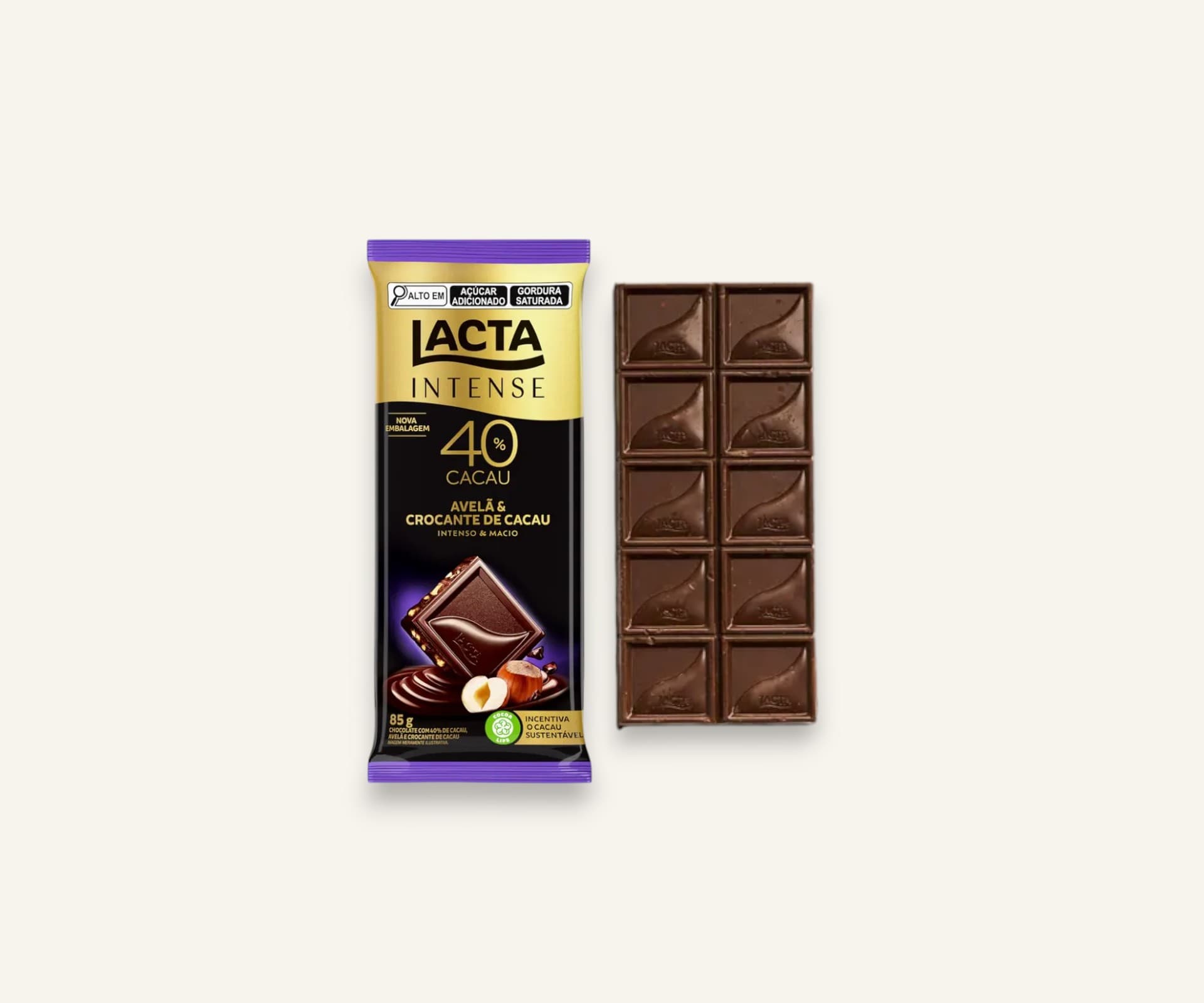 Chocolate 40% cacau Lacta Intense nuts avelã & crocante 85g