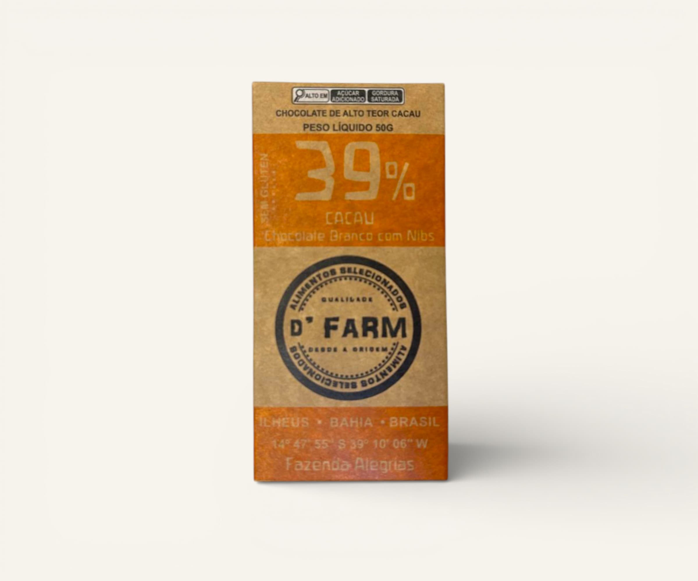 Chocolate branco com nibis de cacau 39% D'Farm 50g