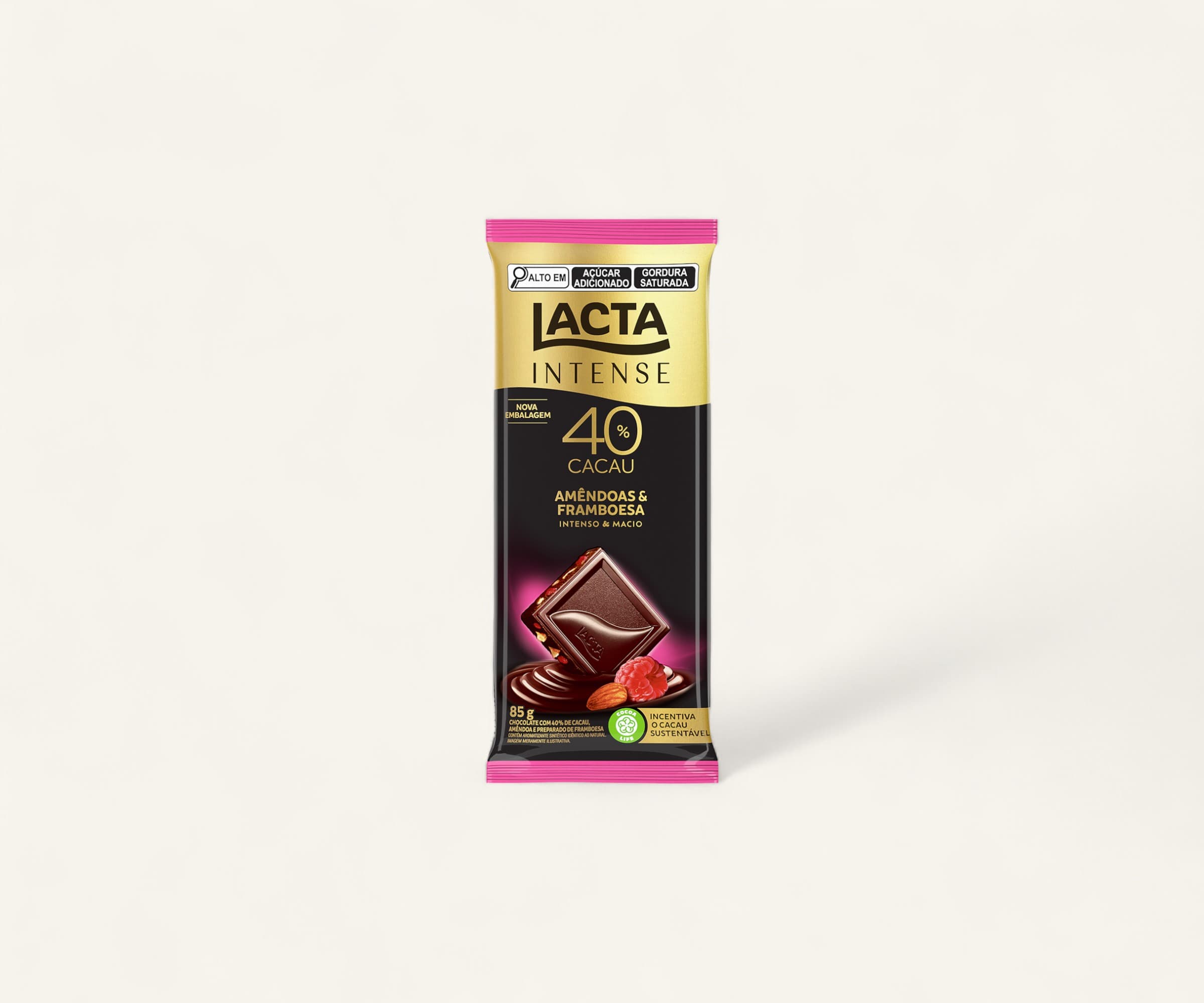 Chocolate 40% cacau Lacta Intense nuts amêndoas & framboesa 85g