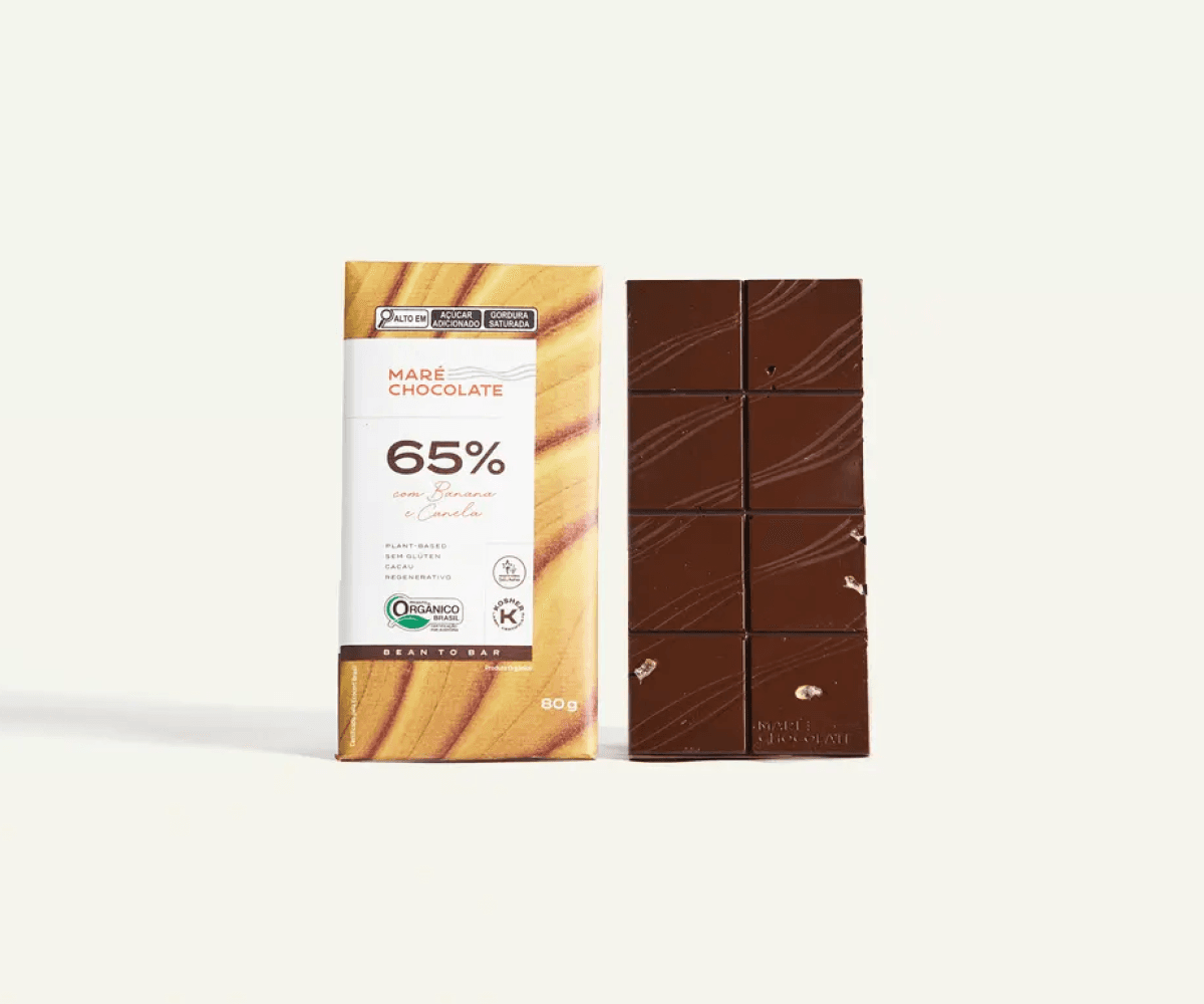 Chocolate amargo 65% cacau com banana passa e canela 80g