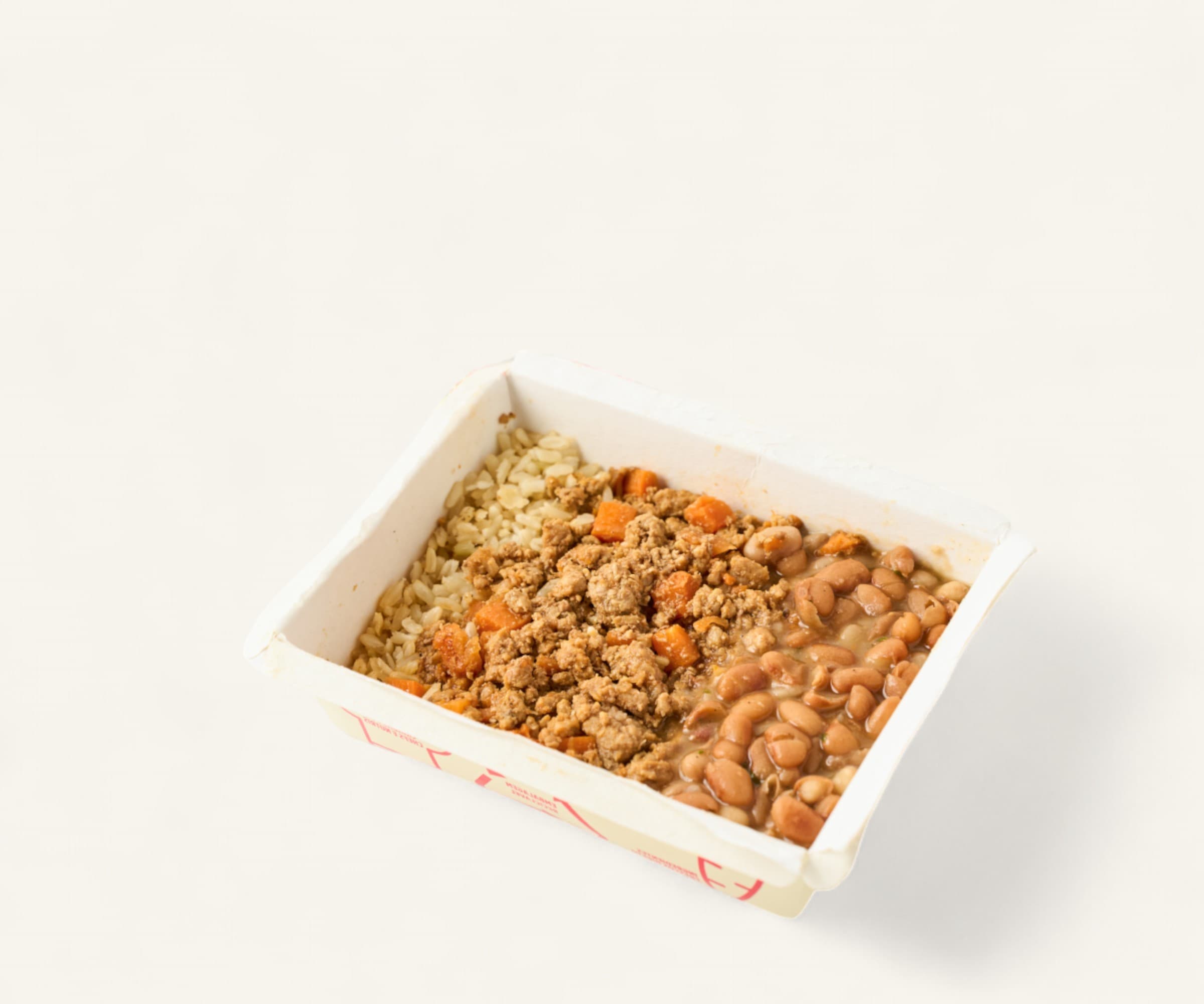 Carne moída com arroz integral e feijão carioca Liv Up 300g
