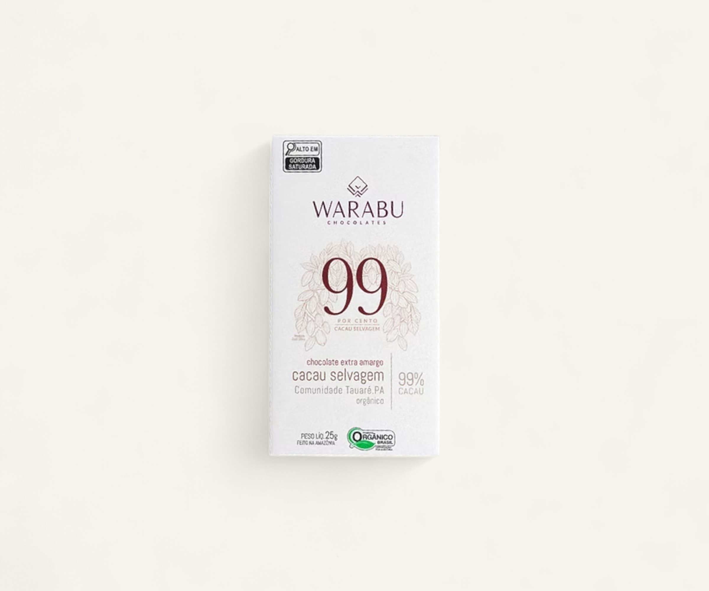 Chocolate orgânico 99% cacau selvagem comunidade Tauaré-PA Warabu 25g
