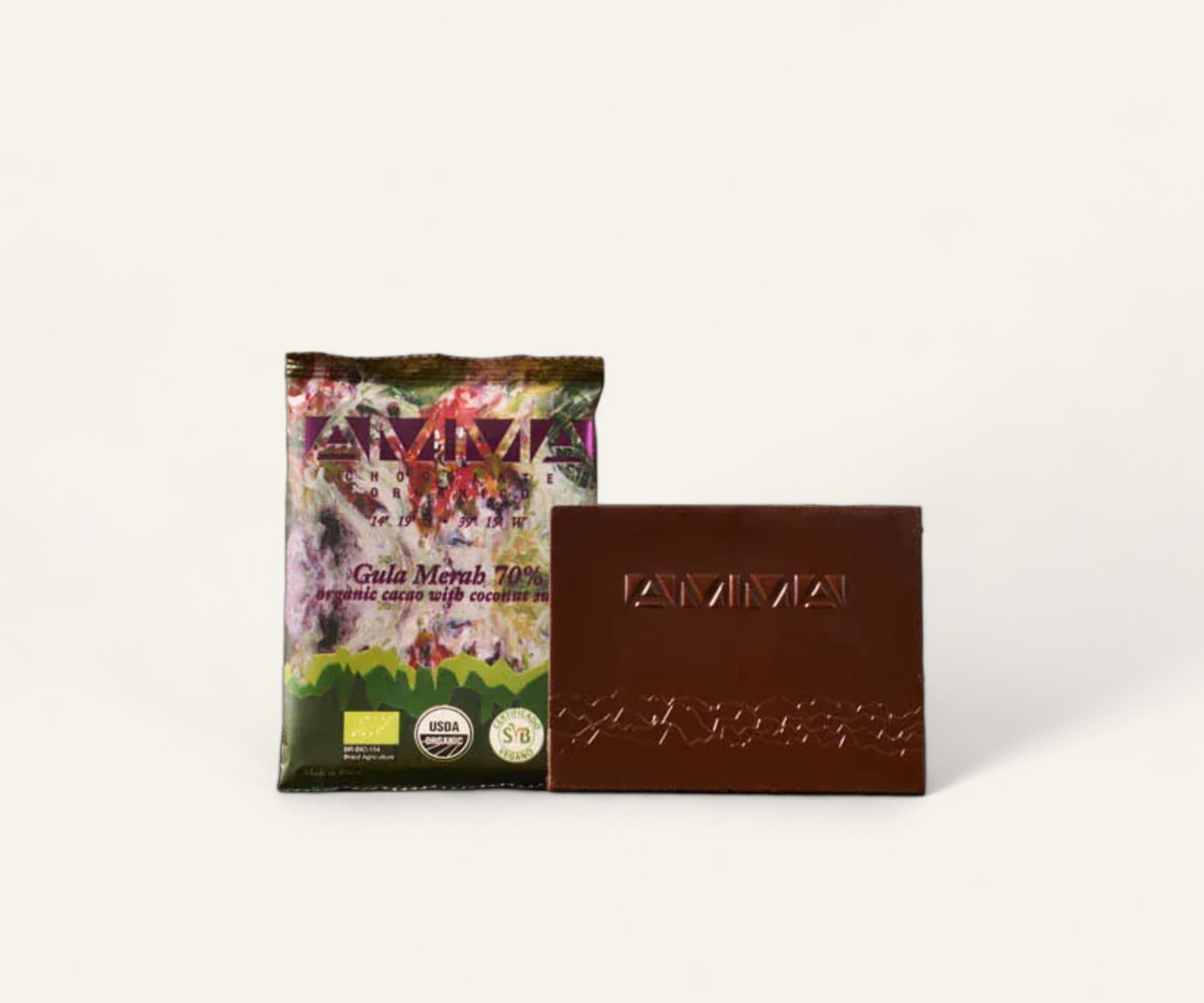 Chocolate orgânico Gula Merah 70% cacau com açúcar de coco AMMA 30g