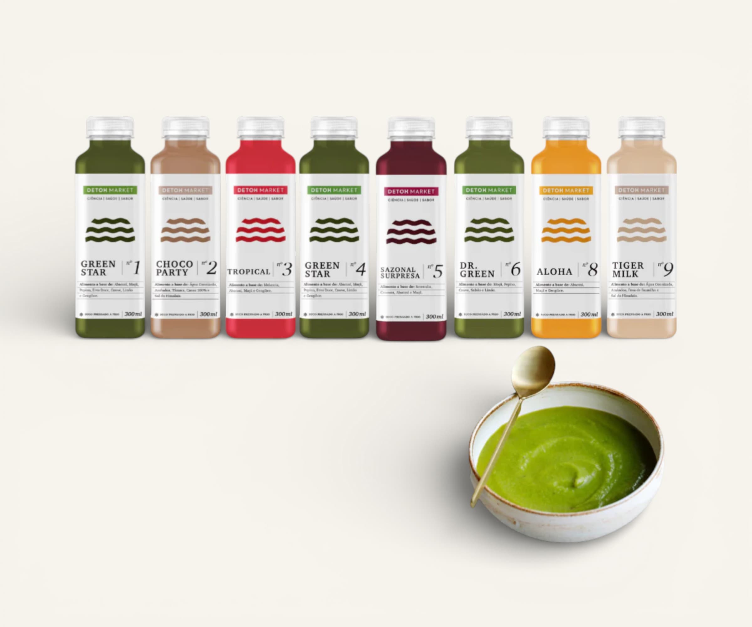 Kit super detox com 6 sucos 300ml cada + 2 leites vegetais 300ml cada + 1 sopa de cenoura 500ml