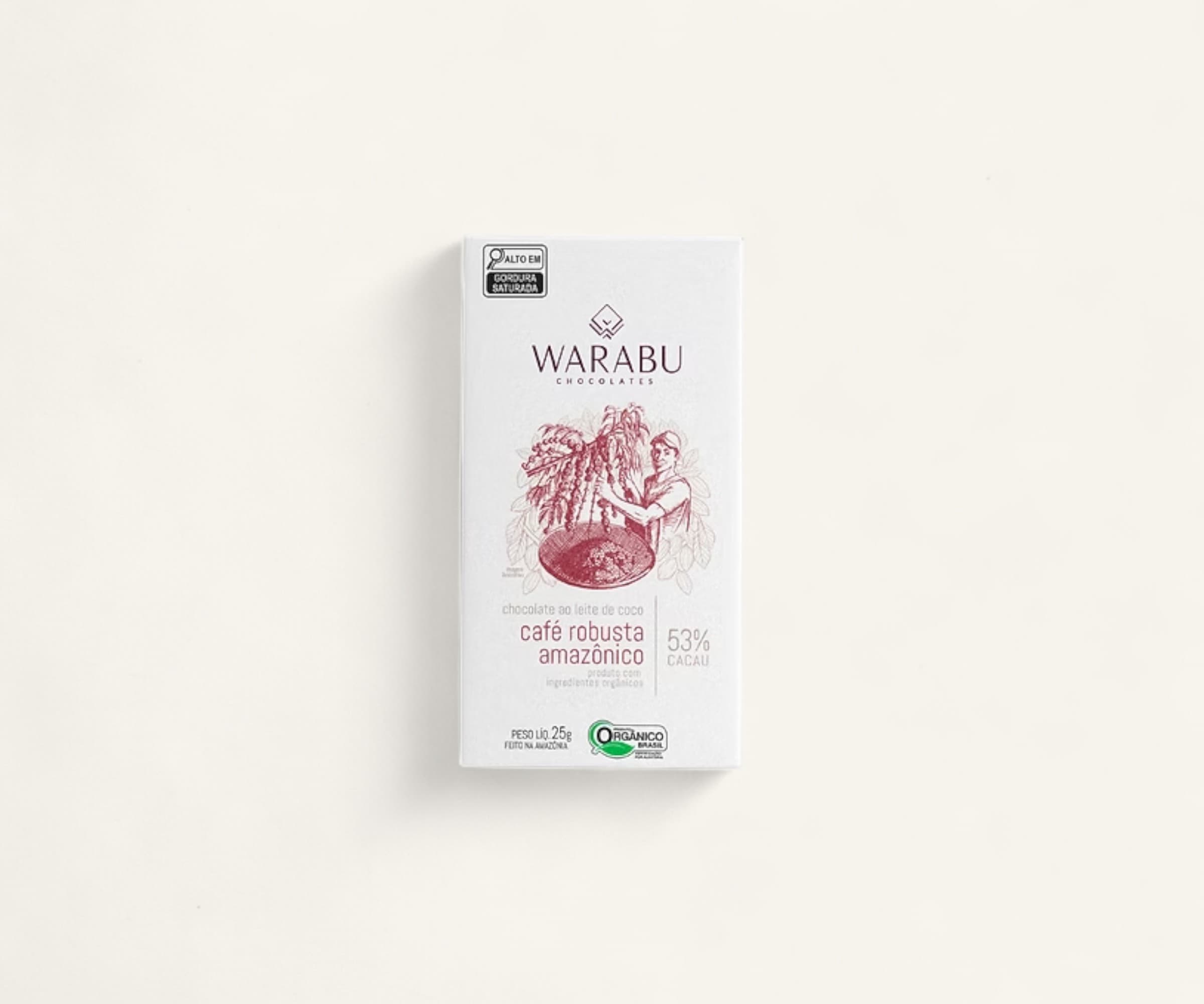 Chocolate orgânico 53% cacau ao leite de coco café robusta amazônico Warabu 25g