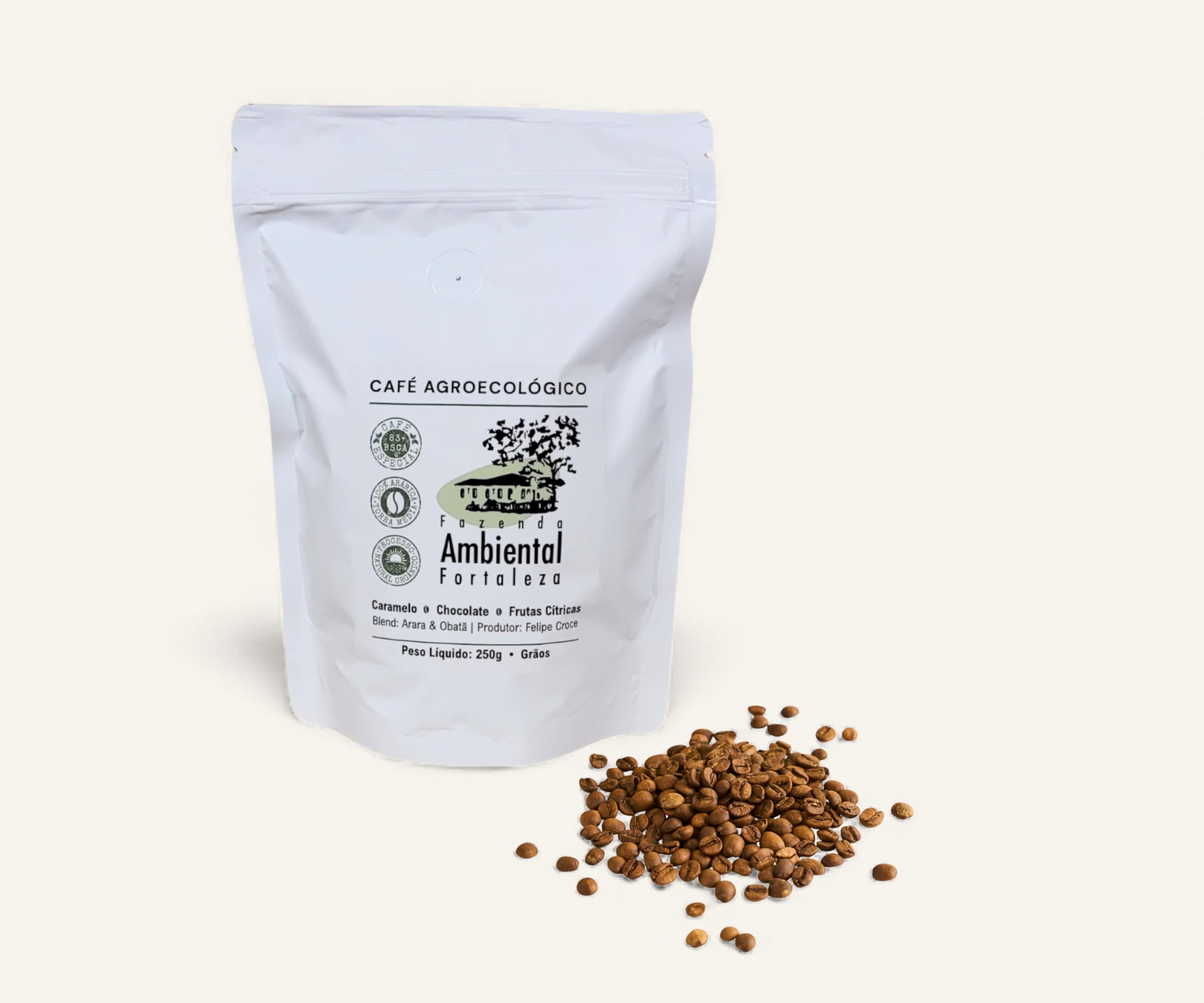 Café torrado em grãos agroecológico blend Arara & Obatã 250g