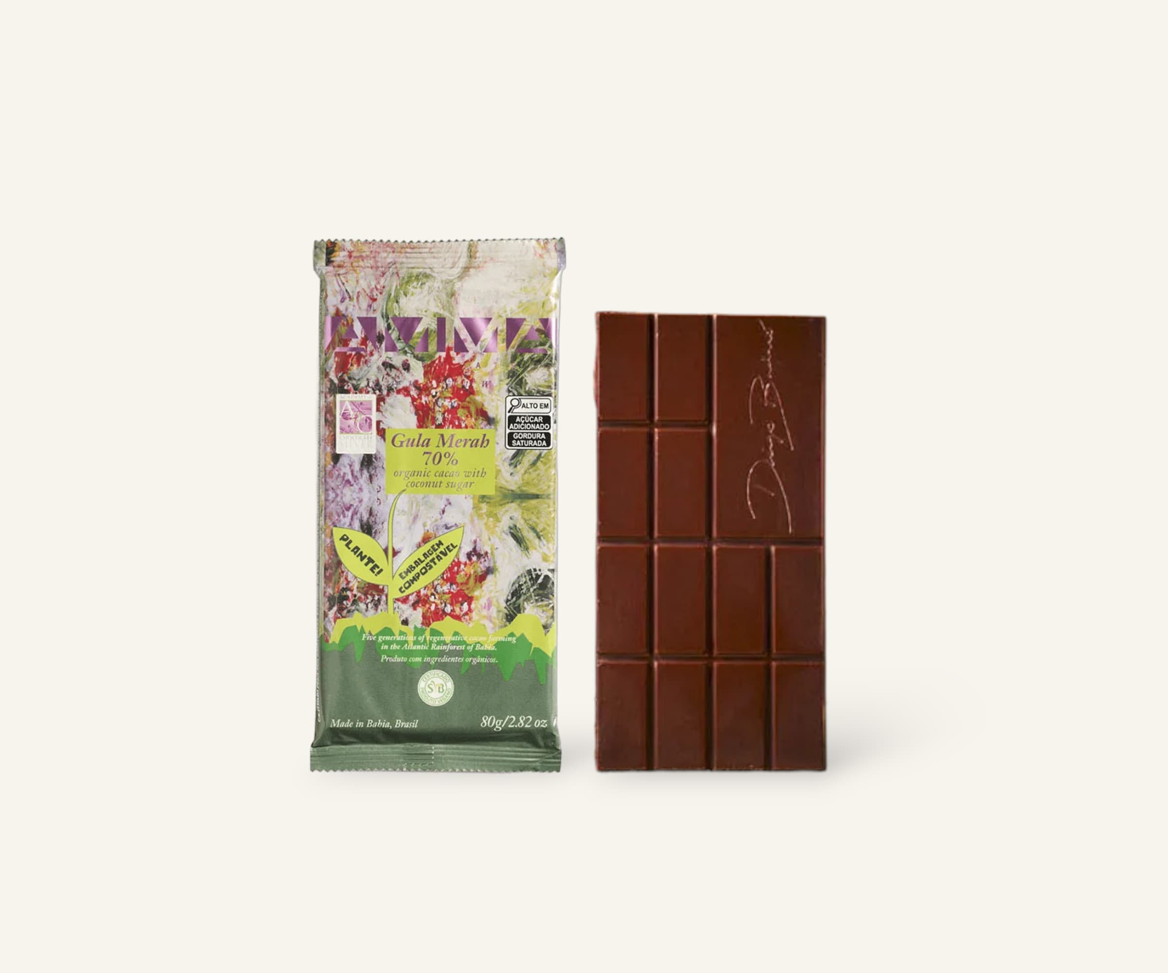 Chocolate orgânico Gula Merah 70% cacau com açúcar de coco AMMA 80g
