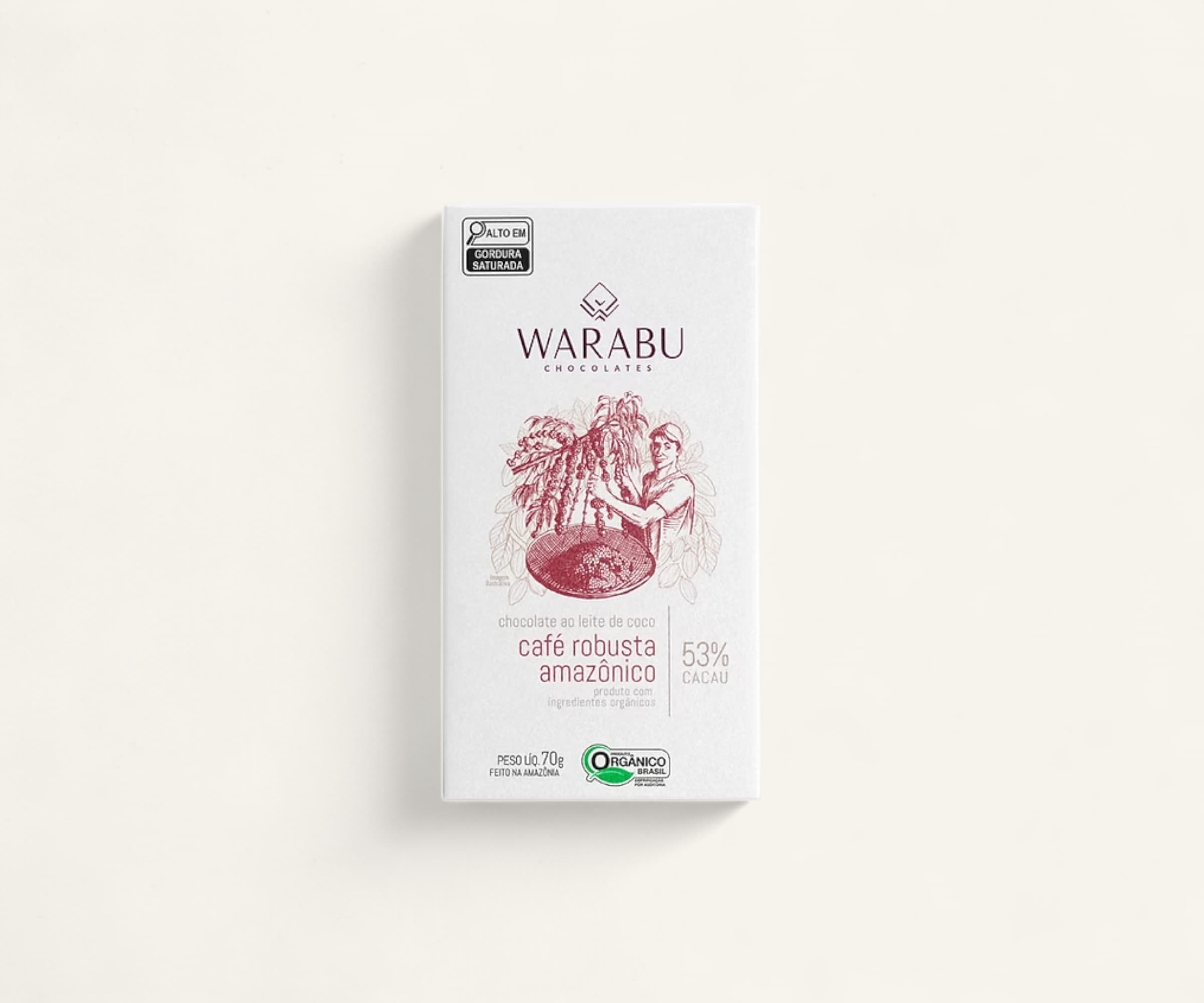 Chocolate orgânico 53% cacau ao leite de coco café robusta amazônico Warabu 70g