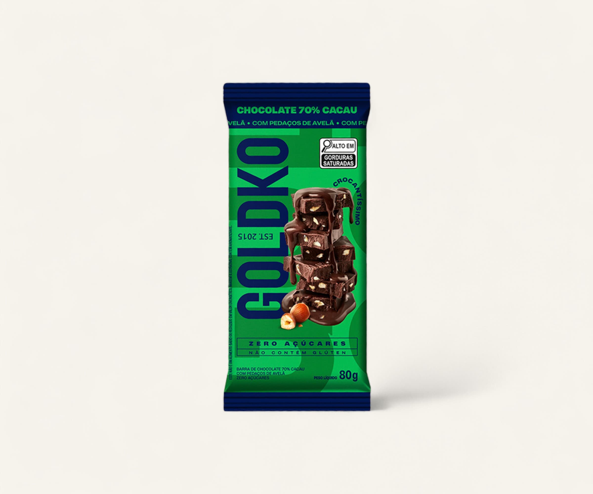 Barra de chocolate amargo 70% cacau com avelãs zero adição de açúcares GoldKo 80g