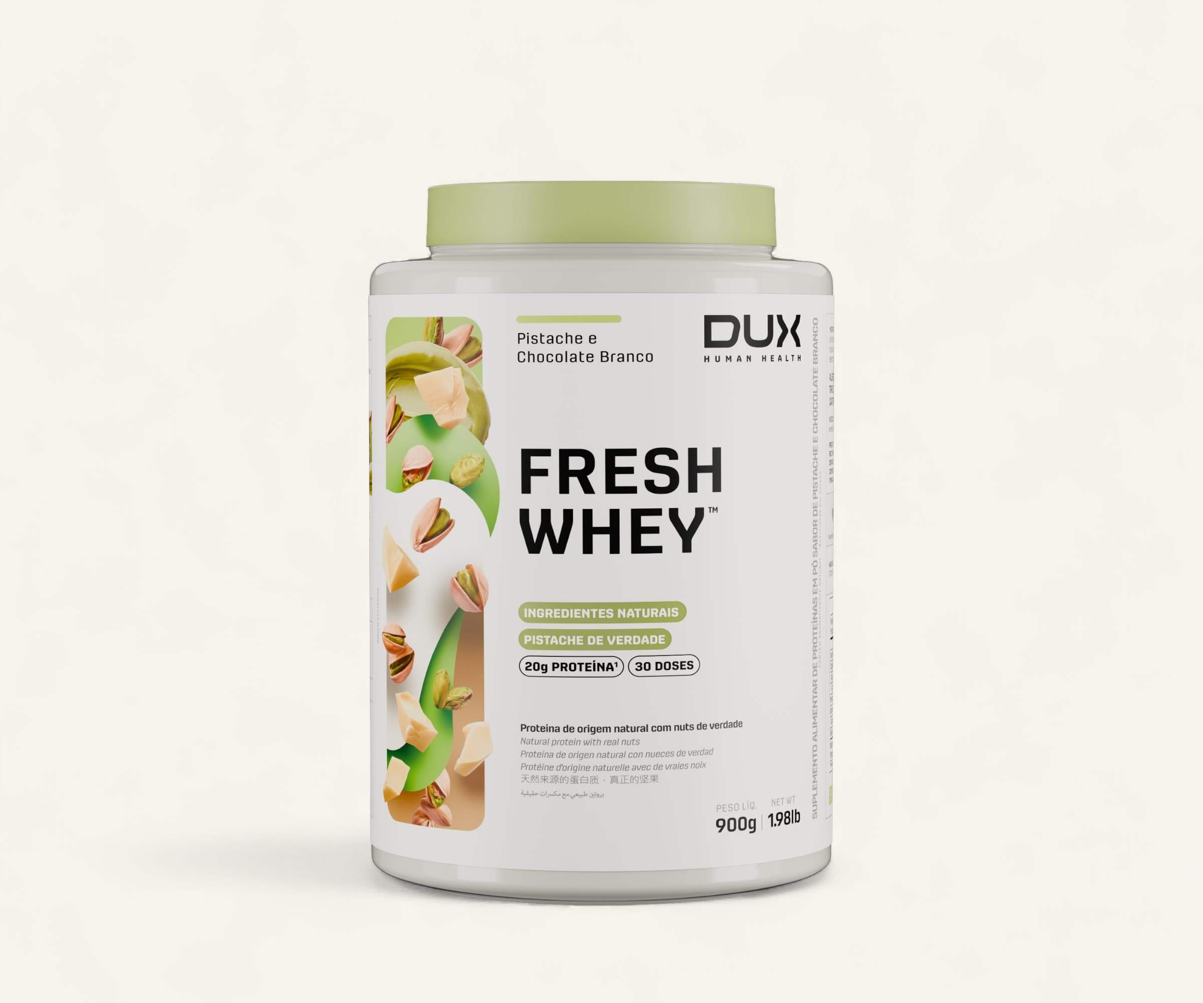 Suplemento Fresh Whey 20g de proteína Dux sabor pistache e chocolate branco 900g
