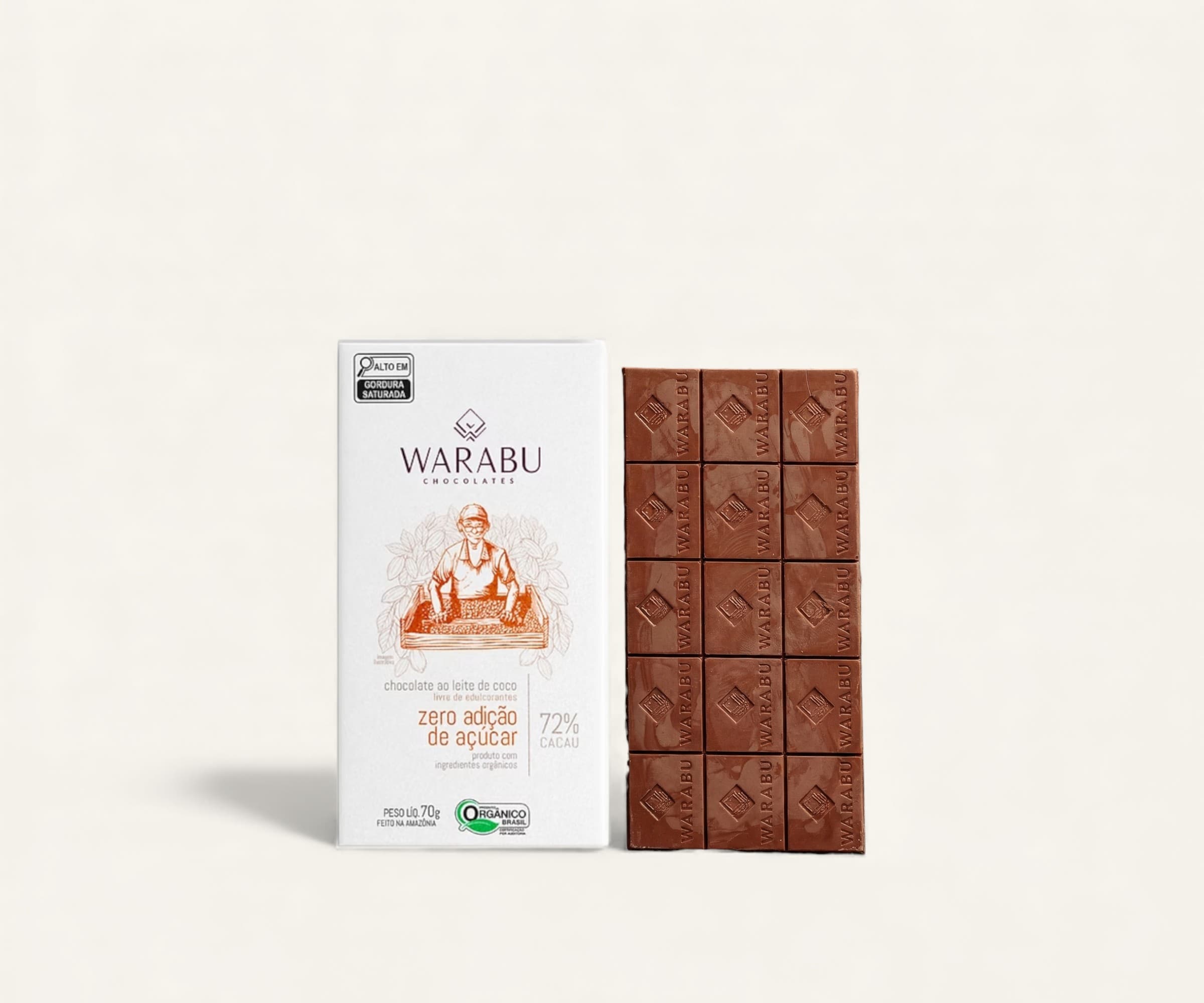Chocolate orgânico 72% cacau ao leite de coco zero adição de açúcar Warabu 70g