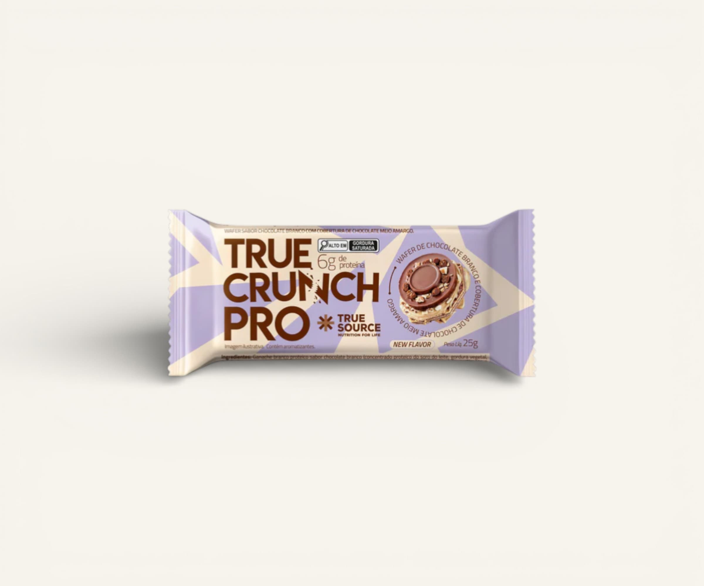 Wafer True Crunch Pro 6g sabor chocolate branco com cobertura de chocolate meio amargo 25g