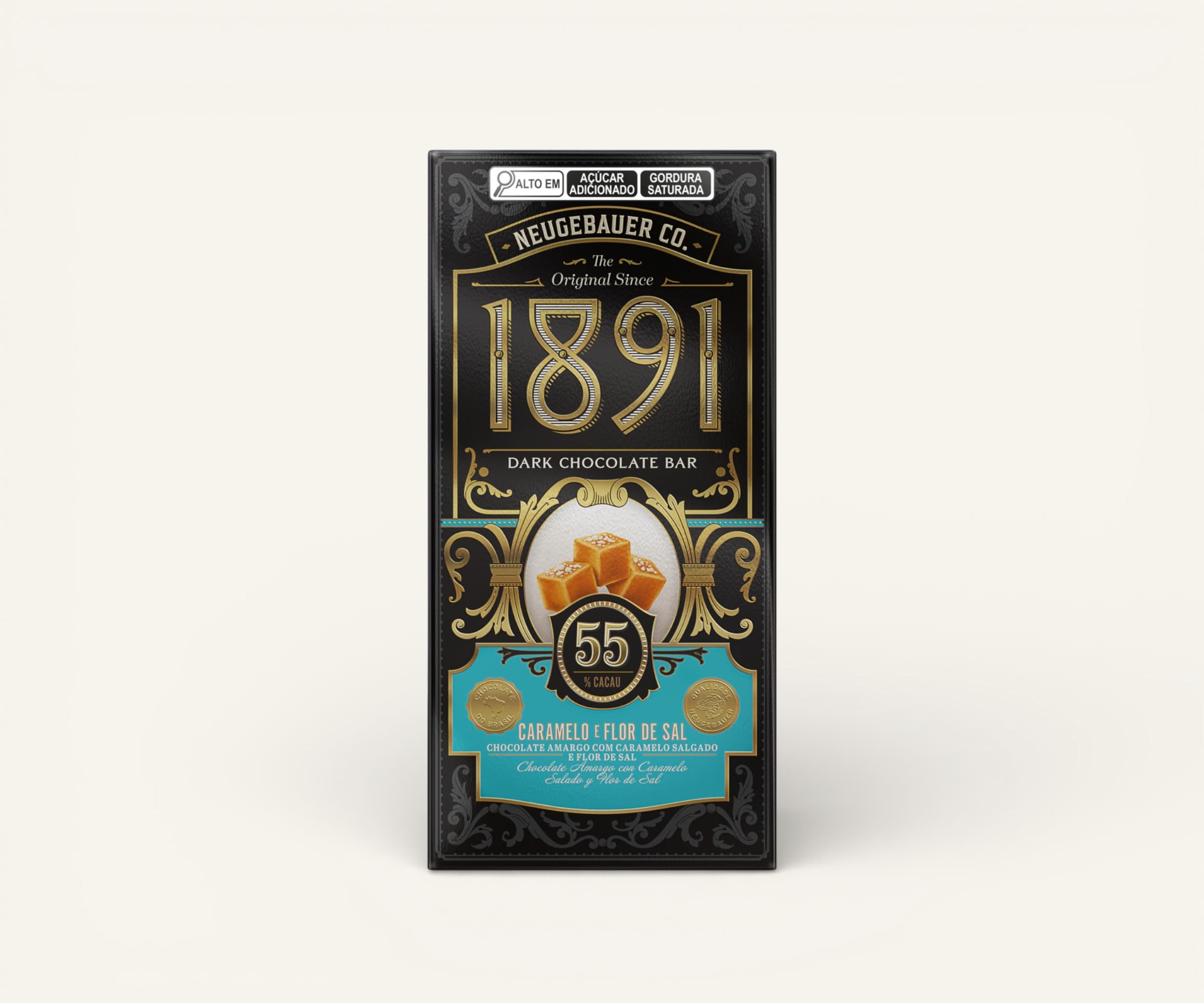 Chocolate amargo 1891 55% cacau com caramelo e flor de sal Neugebauer 90g