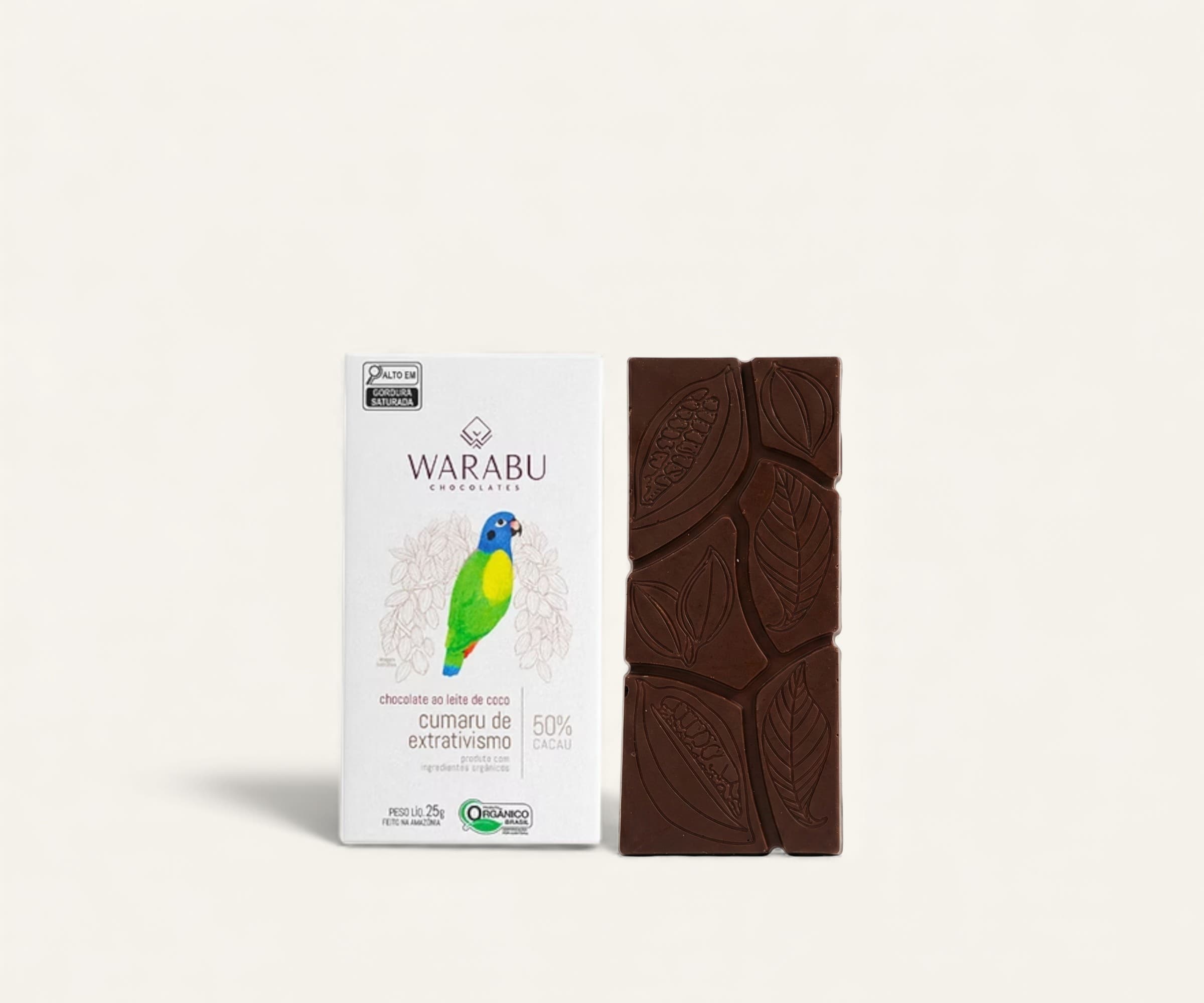 Chocolate orgânico 50% cacau ao leite de coco camaru de extrativismo Warabu 25g
