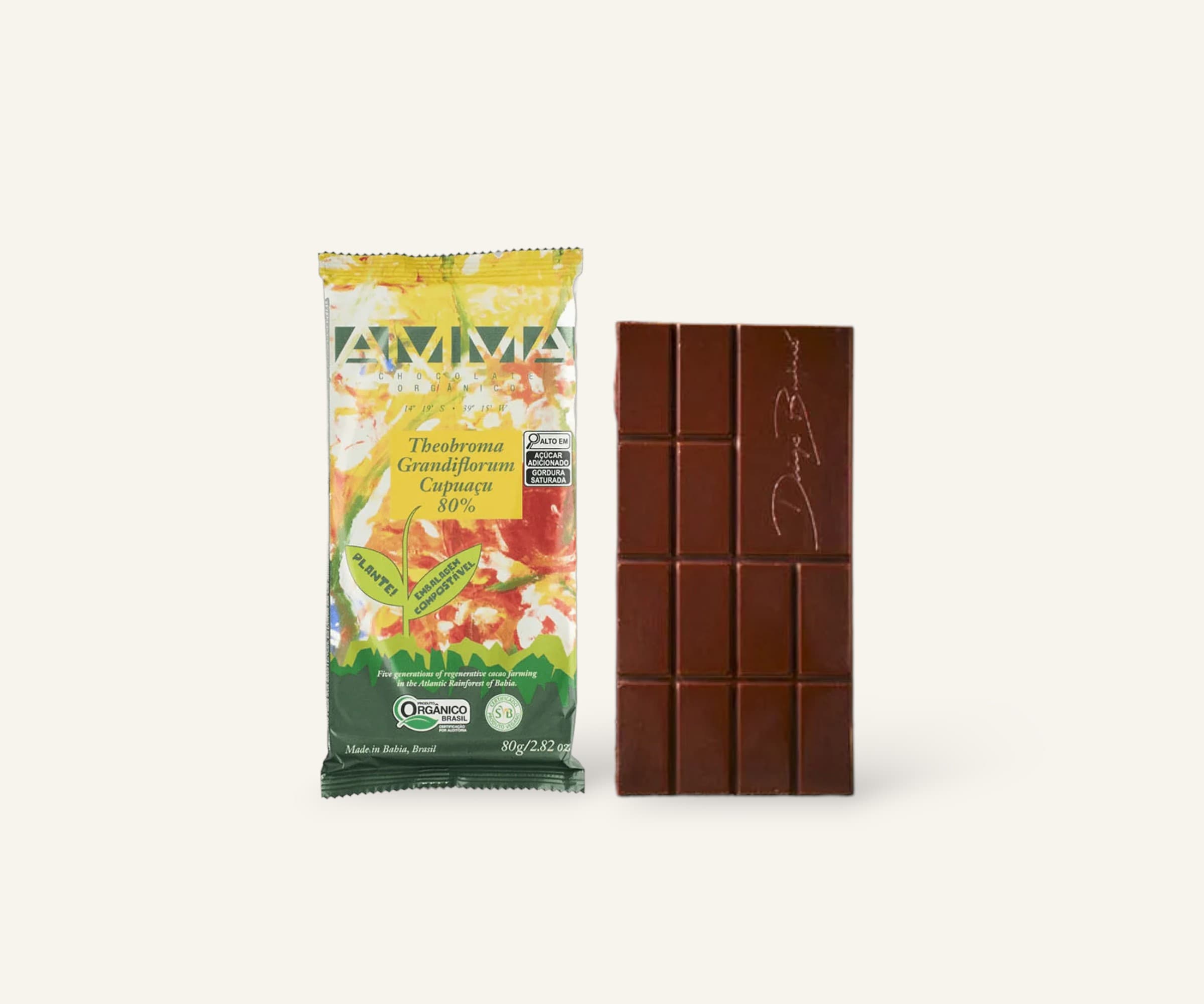 Chocolate orgânico Theobroma grandiflorum 80% cupuaçu AMMA 80g