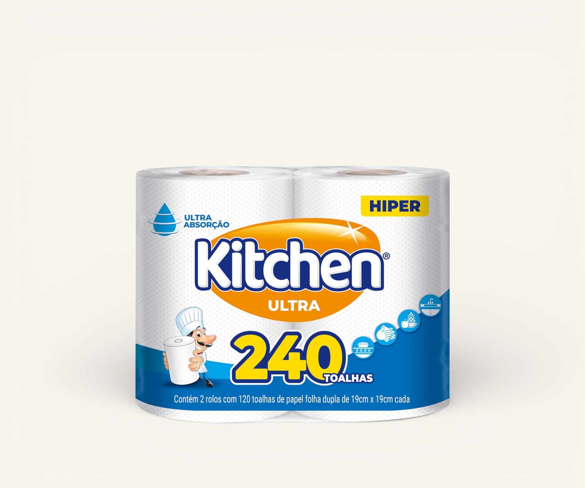 Papel toalha folha dupla Kitchen Ultra 2 rolos (120 toalhas cada)