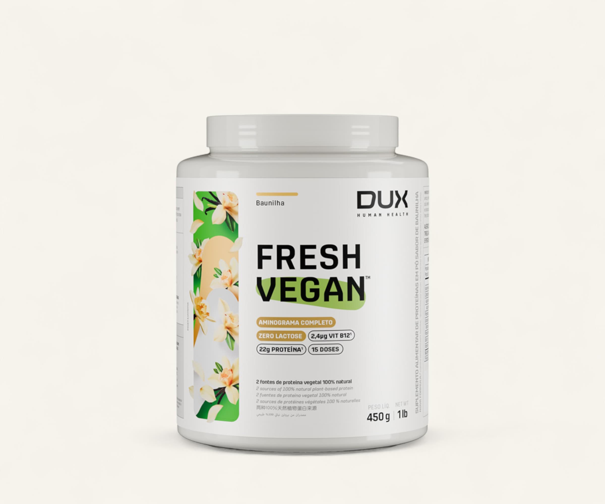 Suplemento Fresh Vegan 22g de proteína Dux sabor baunilha 450g